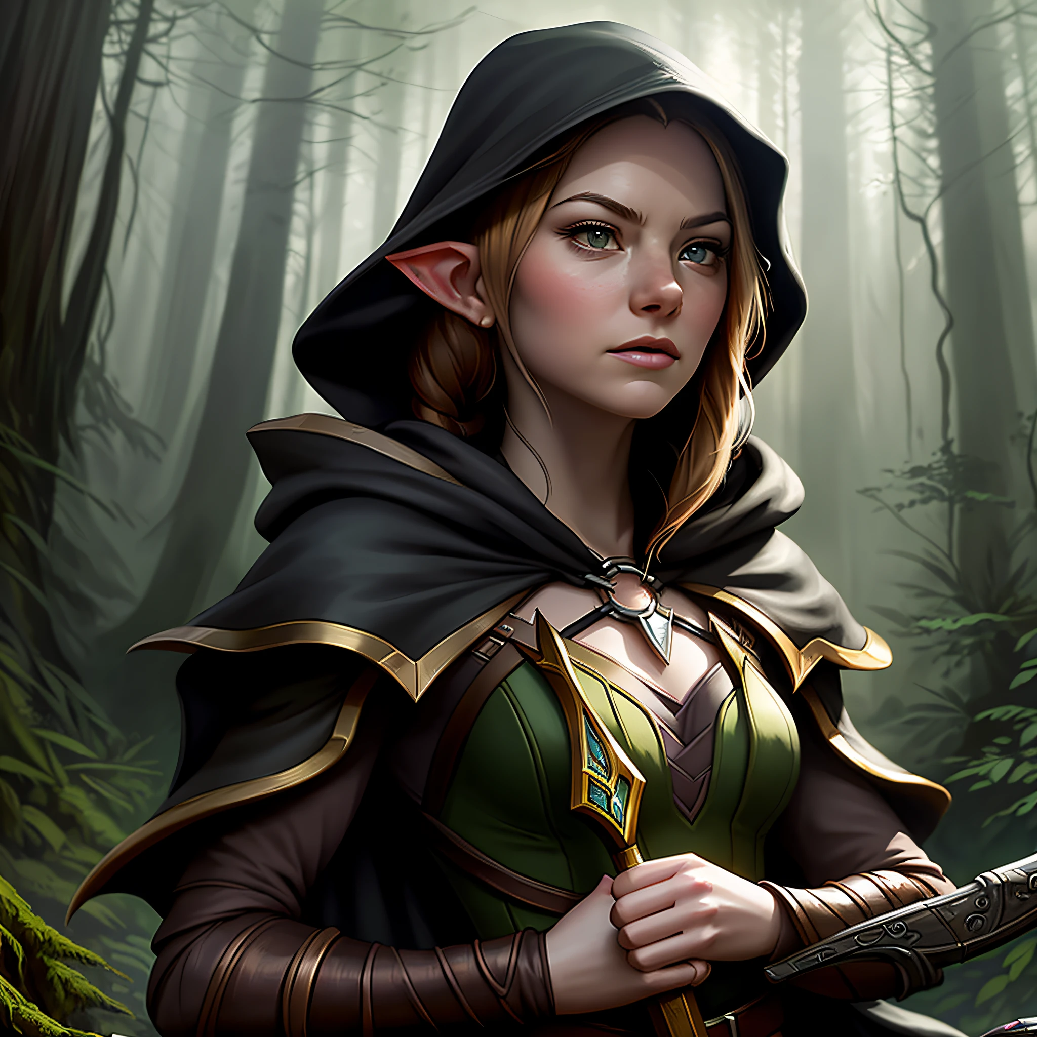 High detail RAW colored art, animation, red hair with braids, hazelnut eyes, white skin, ((Emma Stone as an elf in the redwood forest)), portrait, elf ears, ((cartoon style)), ((lord of the rings) ), (shy), mystical, elegant, gorgeous face, green silk dress with hood, elven forest, (detailed skin, skin texture), elf, magical atmosphere, (muscle), (detailed skin, skin texture), intricate details, fine details, hyperdetailed, ray tracing, subsurface scattering, diffuse soft lighting, shallow depth of field, by (Oliver Wetter) Atey Ghailan, by Jeremy Mann, Greg Manchess, Antonio Moro, trend at ArtStation, trend at CGSociety, Intricate, High Detail, Sharp focus, dramatic and photorealistic painting art by midjourney and greg rutkowski, bokeh in the background, bow and arrow, wolves, best quality, masterpiece, close-up portrait, 1girl, elven armor, dark hood over head, outdoors, nature, desert, look at the viewer, modelshoot style, award-winning digital art of an elven woman ranger, fully clothed, in a fantasy village, d&d, masterpiece, best quality, high contrast, soft lighting, backlighting, bloom, light glows, chromatic aberration, smooth, sharp focus, chubby, plump, curvilinea, Super high detail capture, shadows, calm and calm, dagger and hooded elven woman drow holding a short sword in one hand, wearing a torn costume, (dark hood), face perfectly represented, eyes looking forward, expression, the background of the image is a dark forest