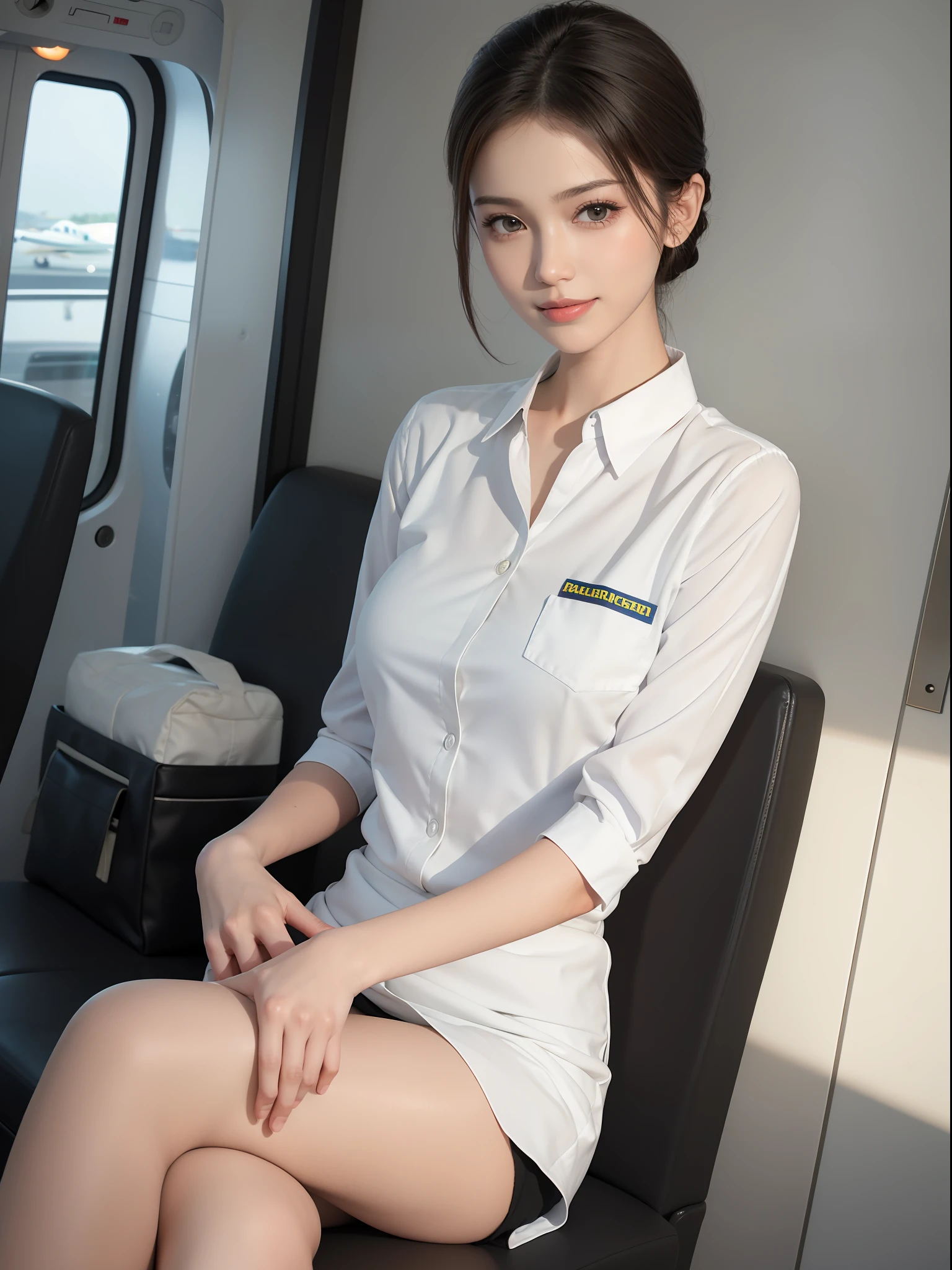 8k, Perfect human body, Real person, Photorealistic, RAW photo, Real human face, Real human face skin, arsold, tall girl, small breasts, slim body, (looking at the camera with pure love eyes with shy smile), showing the whole body, up do hairstyle, no makeup, beautiful white skin, real human black cute eyes, cute face, movie lighting, no makeup, beautiful white skin, at the airport wearing a stewardess uniform,