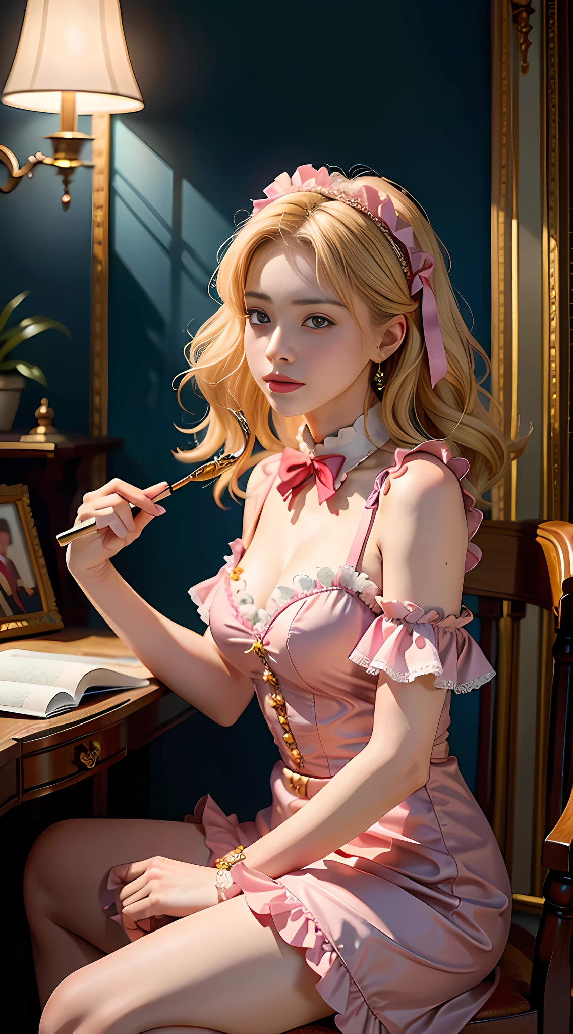 masterpiece, high quality, 4K, beautiful design, shiny, from front, award winning photo, very detailed, amazing, fine detail, ridiculous, lee jerry fries nikon d850 film stock photo 4 kodak portra 400 camera F1.6 lens rich colors ultra-realistic textures dramatic lighting Unreal Engine pops on ArtStation Cinestill 800 Tungsten, Lofa, Nadia with blonde sunglasses in pink dress in a lovely Victorian room, woman wearing Lofa, teddy bear print, frills, ribbon, face out of the frame,