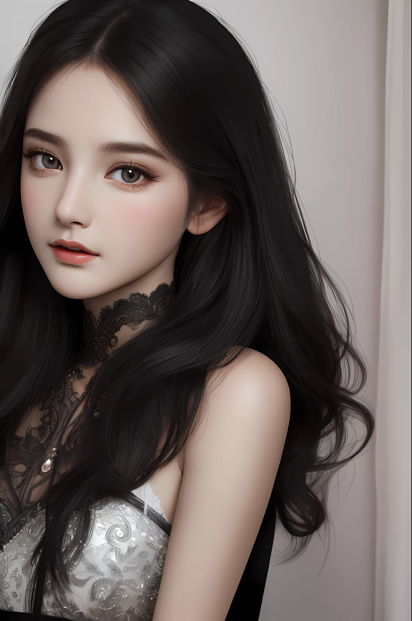 Very detailed eyes, very detailed face, very beautiful woman, best quality, super detailed (photorealistic), very delicate and beautiful legs, beautiful black eyes, absurdity, very detailed facial expression, professional illustration, shy, face about late teens, hololive,