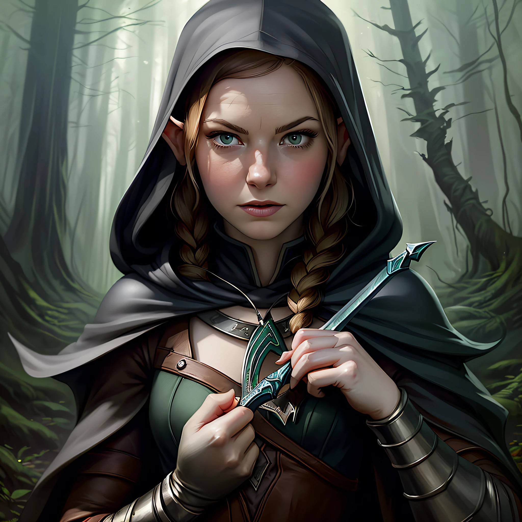 High detail RAW colored art, animation, red hair with braids, hazelnut eyes, white skin, ((Emma Stone as an elf in the redwood forest)), portrait, elf ears, ((cartoon style)), ((lord of the rings) ), (shy), mystical, elegant, gorgeous face, green silk dress with hood, elven forest, (detailed skin, skin texture), elf, magical atmosphere, (muscle), (detailed skin,  skin texture), intricate details, fine details, hyperdetailed, ray tracing, subsurface scattering, diffuse soft lighting, shallow depth of field, by (Oliver Wetter) Atey Ghailan, by Jeremy Mann, Greg Manchess, Antonio Moro, trend at ArtStation, trend at CGSociety, Intricate, High Detail, Sharp focus, dramatic and photorealistic painting art by midjourney and greg rutkowski, bokeh in the background,  bow and arrow, wolves, best quality, masterpiece, close-up portrait, 1girl, elven armor, dark hood over head, outdoors, nature, desert, look at the viewer, modelshoot style, award-winning digital art of an elven woman ranger, fully clothed, in a fantasy village, d&amp;d, masterpiece, best quality, high contrast, soft lighting, backlighting, bloom,  light glows, chromatic aberration, smooth, sharp focus, chubby, plump, curvilinea, Super high detail capture, shadows, calm and calm, dagger and hooded elven woman drow holding a short sword in one hand, wearing a torn costume, (dark hood), face perfectly represented, eyes looking forward, expression, the background of the image is a dark forest