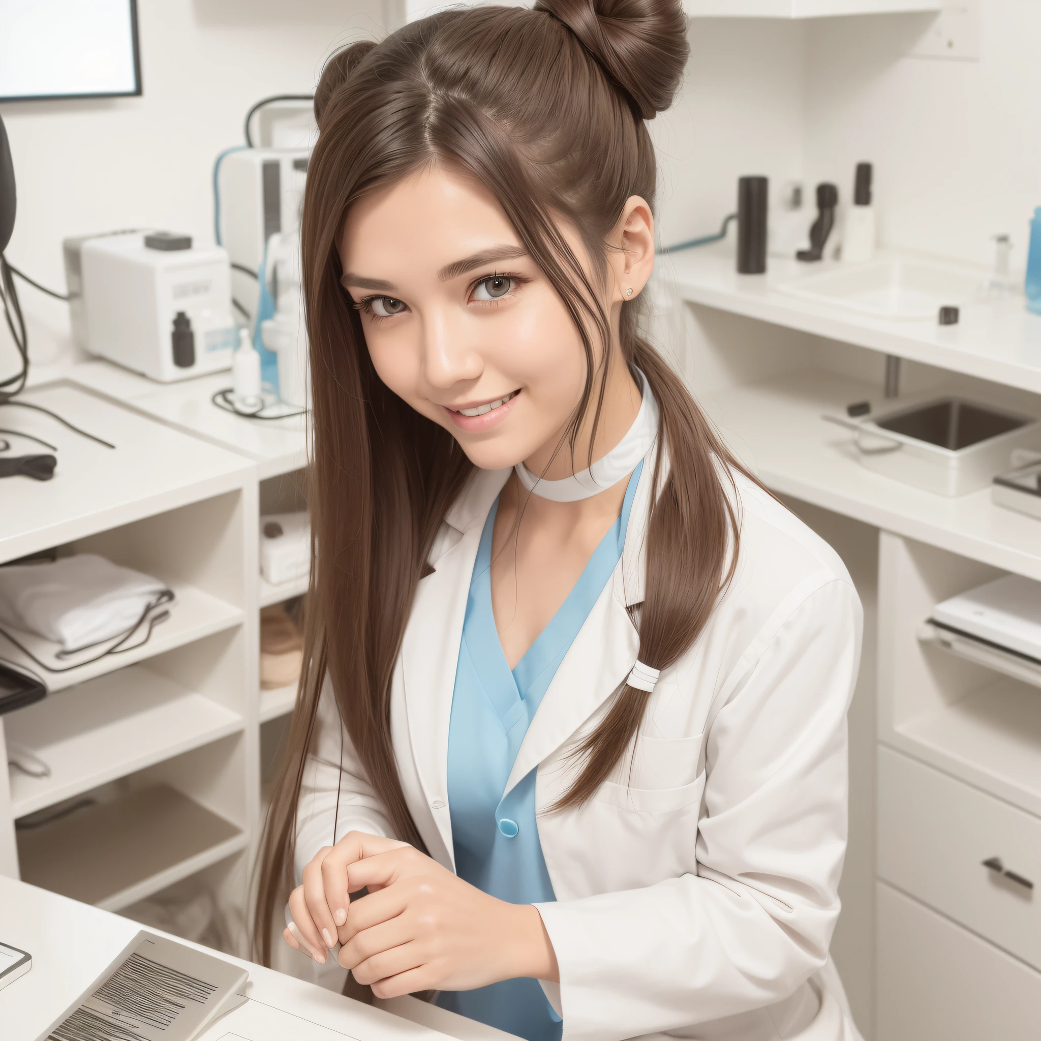 28-year-old woman in a lab coat
The hair is long, brown, tied up in a bun
The eyes are large, giving the impression of gentleness.
Always smiling and friendly personality --auto --s2