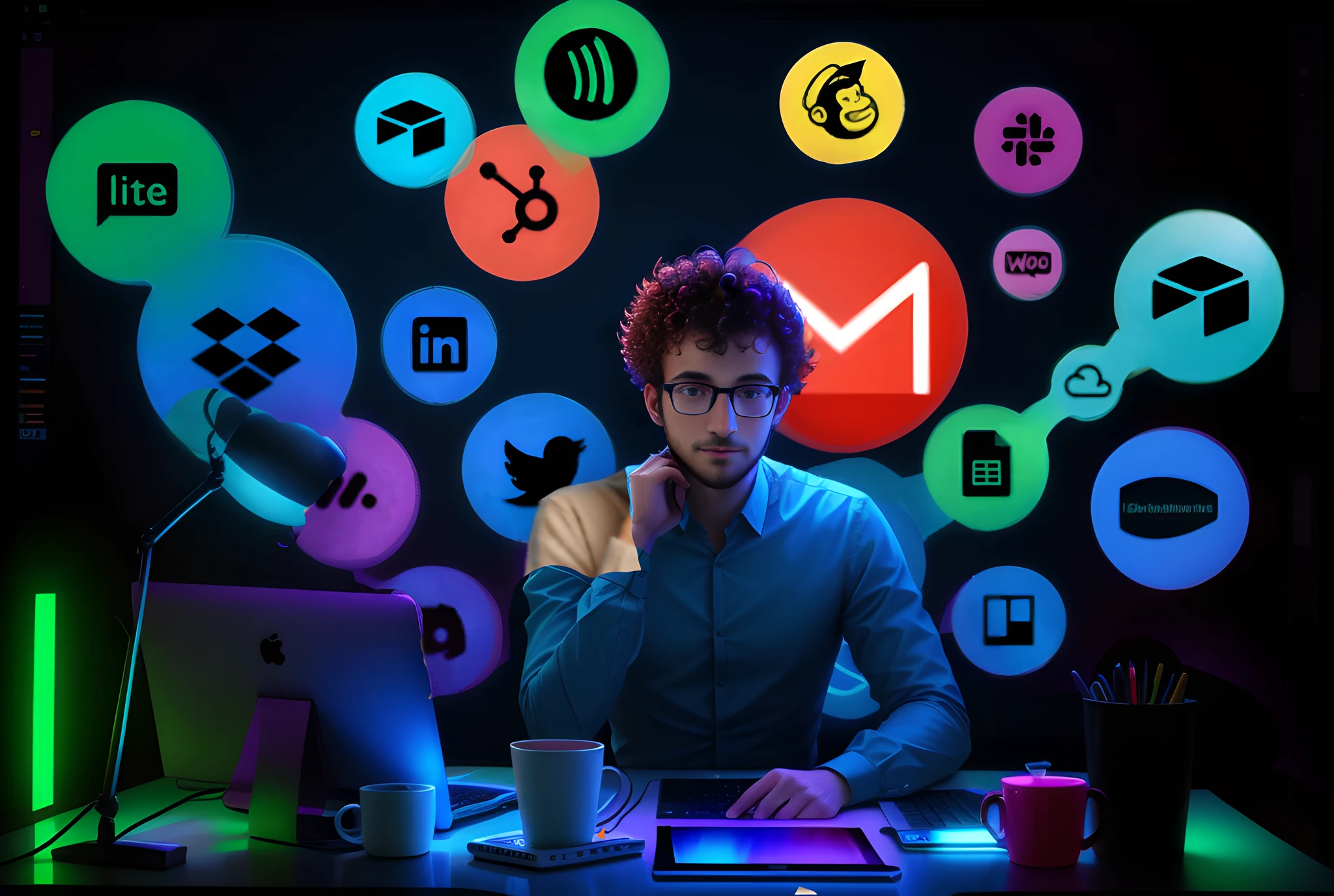 man sitting at a desk with a laptop and a computer, digital artist, professional illustration, digital illustration, composition, artistic rendering, digital art rendering, IT specialist, creative coder with a computer, digital rendering, professional digital art, professional, photo rendering, promotional rendering, inspired by Johfra Bosschart, best in stock adobe