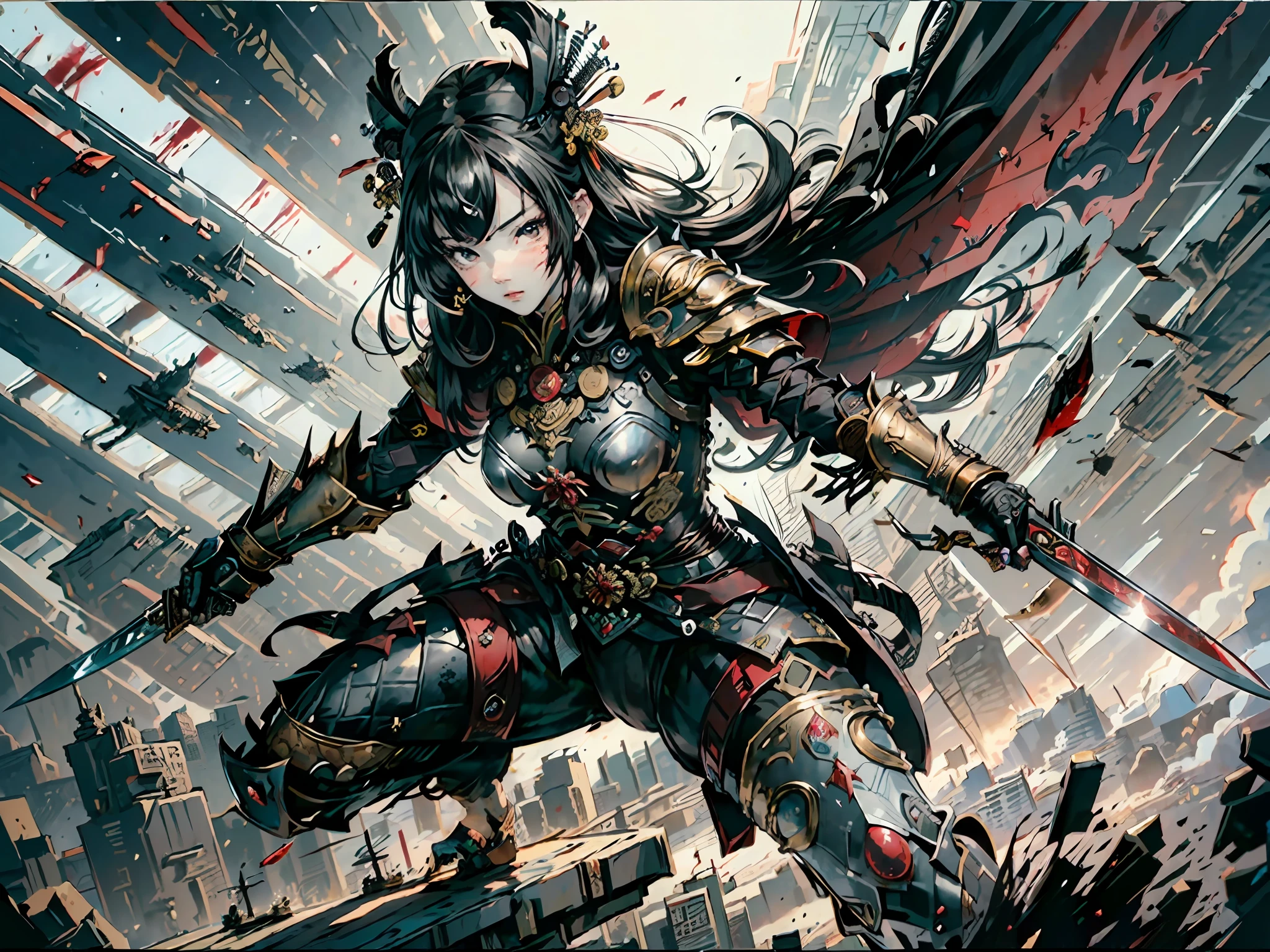 (Fidelity: 1.4), Quality, (Masterpiece: 1.2), (Best Quality), ((Surreal)) (Costume Details: 1.3), (Intricate Detail), Dramatic, Ray Tracing (1 Girl), Rule of Thirds Composition, (Tyndall Effect: 1.2), ( Anatomically correct: 1.2), (Black Armor, Chinese Costume Armor, War, Intense, Dynamic, Motion Blur, Dash, Vitality, Solo, Rage, Battle, Blood Drops, Chinese Royal Palace, Colored Ink Background, Panorama, Short Knife, Strong Edge, Dark)