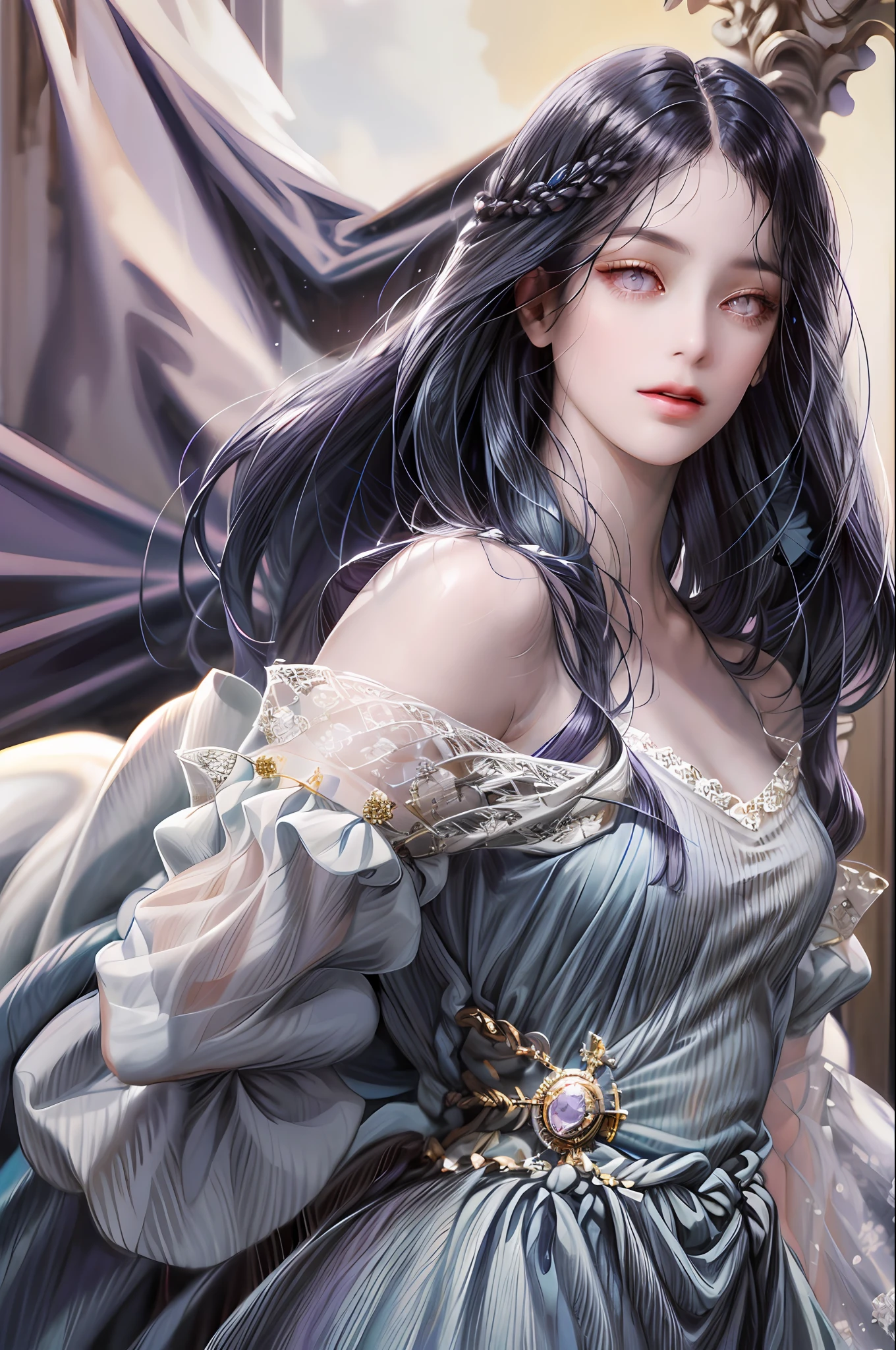 (absurdres, highres, ultra detailed), 1girl, solo, mature, (very long hair, dark blue hair), Baroque, long dress, long sleeve, elegant, colorful, highest detailed, upper body, (purple eyes), ((blunt bangs))