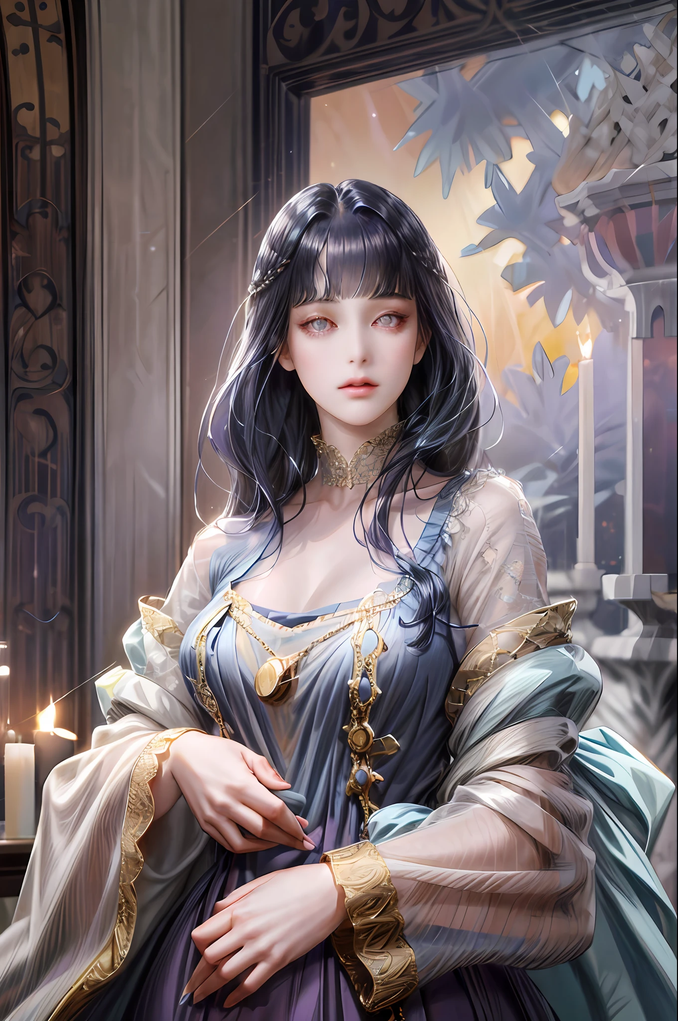 (absurdres, highres, ultra detailed), 1girl, solo, mature, (very long hair, dark blue hair), Baroque, long dress, long sleeve, elegant, colorful, highest detailed, upper body, (purple eyes), ((blunt bangs))