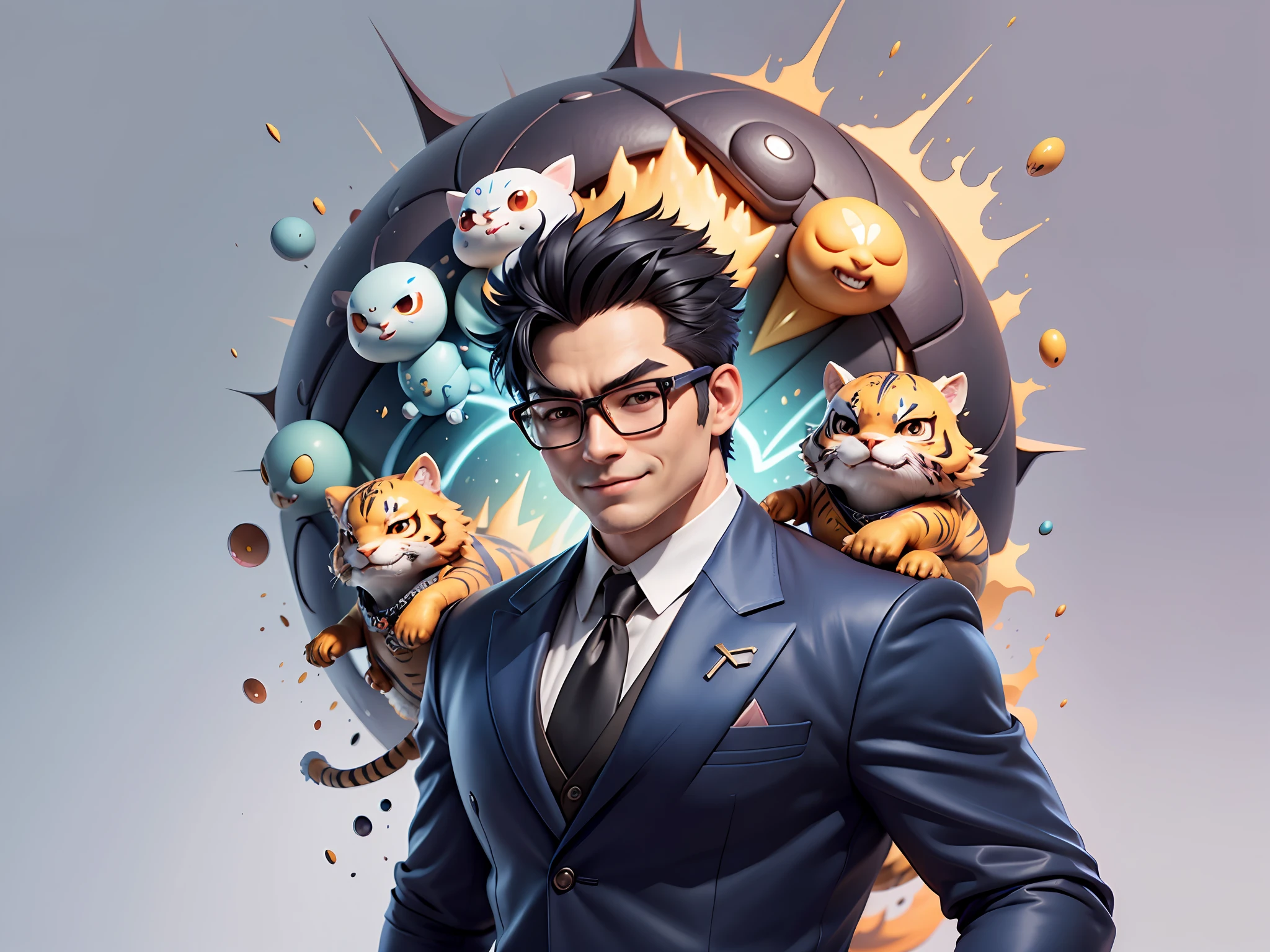 (Masterpiece), (Extreme Quality), (Super Meticulous), (Full Body: 1.2), Super Young Man, Chinese Dragon, Tiger, Wind God Thor, Sexy, Bursting, Oriental Face, TV Anchor, Bust Portrait Illustration, Black Formal Suit, Blue Tie, Slightly Chubby Face, Silver Glasses, Very Clean Face, No Beard on Chin, Black Super Short Hair, Black Eyes, Confident Smile, 3c Computer Sub-Products, iPad, iPhone, Digital Painting, 3D Character Design by Mark Claireden and Pixar and Hayao Miyazaki and Akira Toriyama, The illustration is a high-definition illustration in 4K resolution with very detailed facial features and cartoon-style visuals.