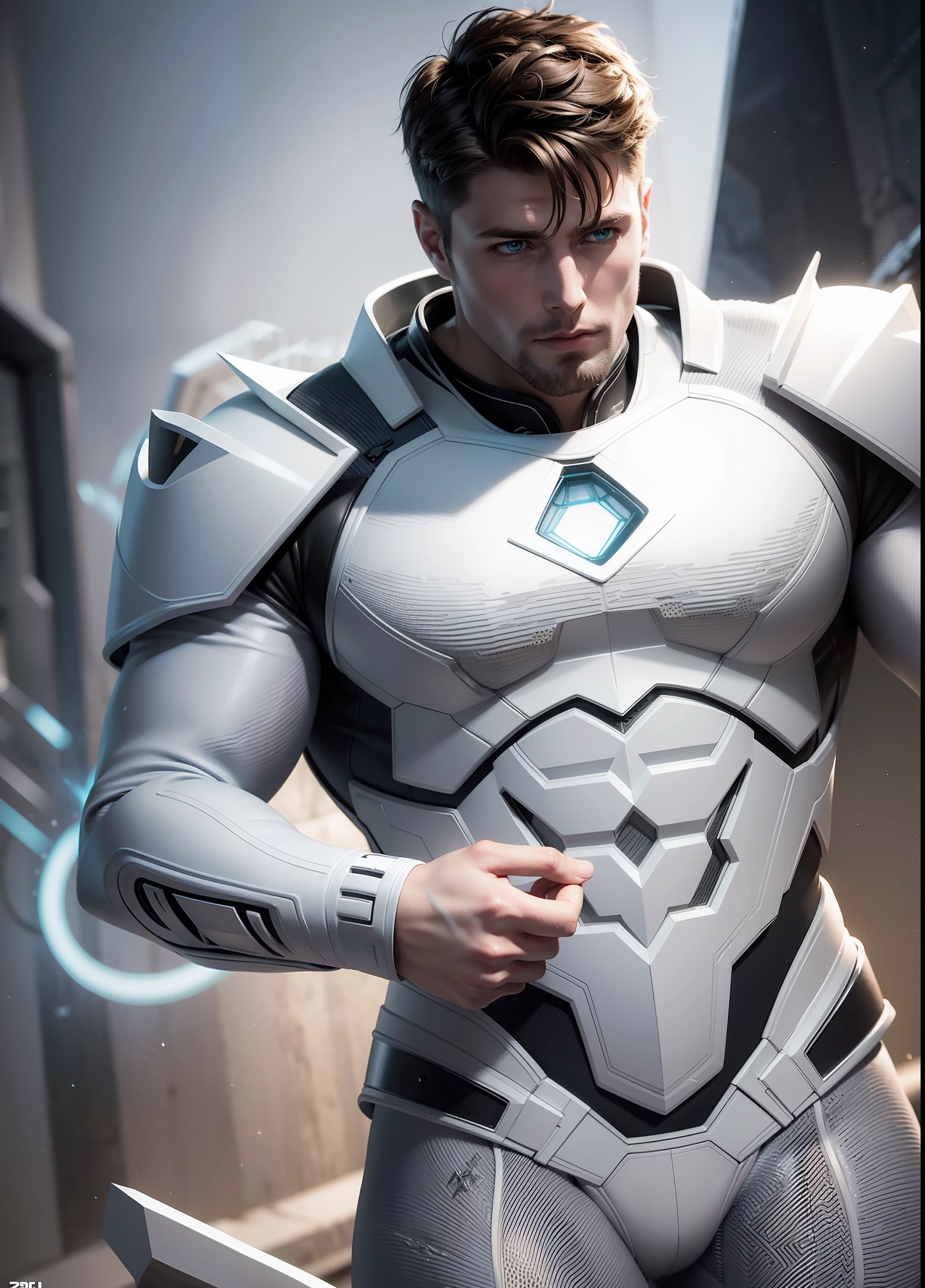 Dean Winchester bearded AS Ethereal futuristic WHITE SUPERMAN (Masterpiece) hyperrealist & photorealist in highly & extremely detailed futuristic combat suit body (masterpiece), Unity 8k, ((in ZBrush)), full HD midnight aura, developed by Unreal Engine 5, Ultra Sharp Focus, vibrant & intricate, epic in destroyed battlefield