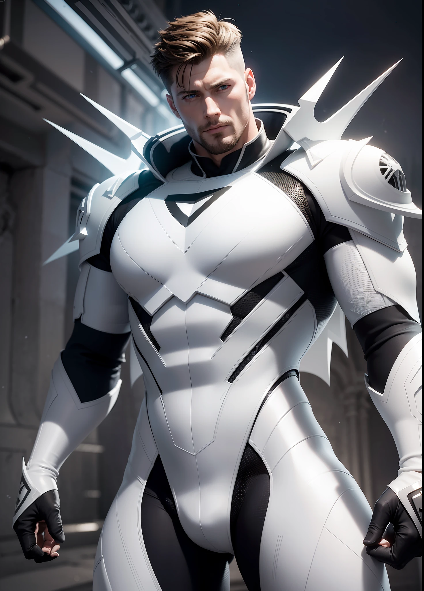 Dean Winchester bearded AS Ethereal futuristic WHITE SUPERMAN (Masterpiece) hyperrealist & photorealist in highly & extremely detailed futuristic combat suit body (masterpiece), Unity 8k, ((in ZBrush)), full HD midnight aura, developed by Unreal Engine 5, Ultra Sharp Focus, vibrant & intricate, epic in destroyed battlefield