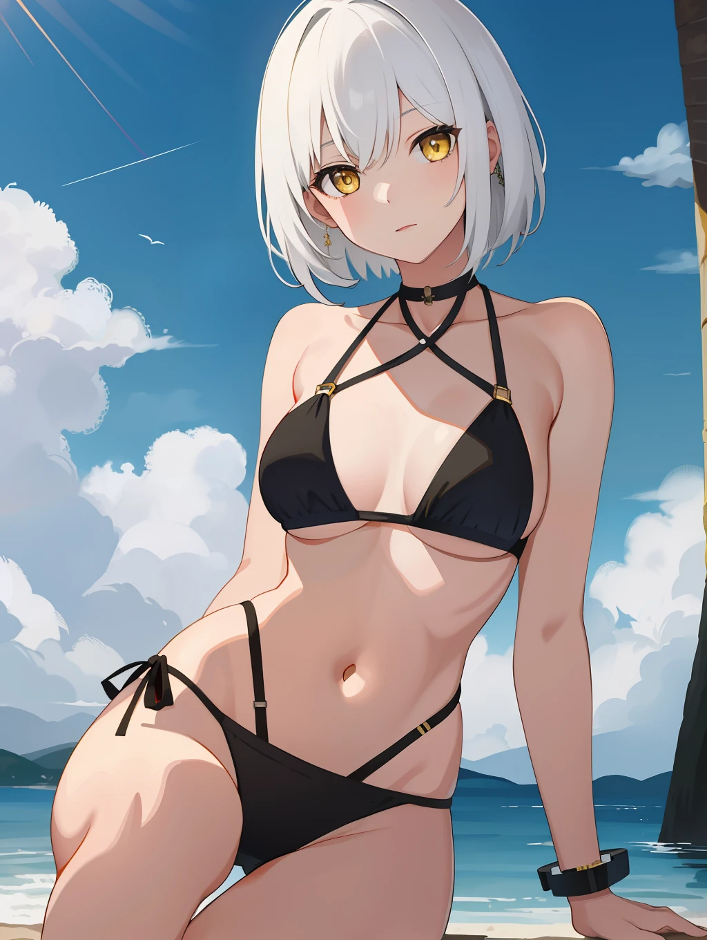 masterpiece, best quality, high resolution, 1girl, solo, white hair, short hair, yellow eyes, black string bikini