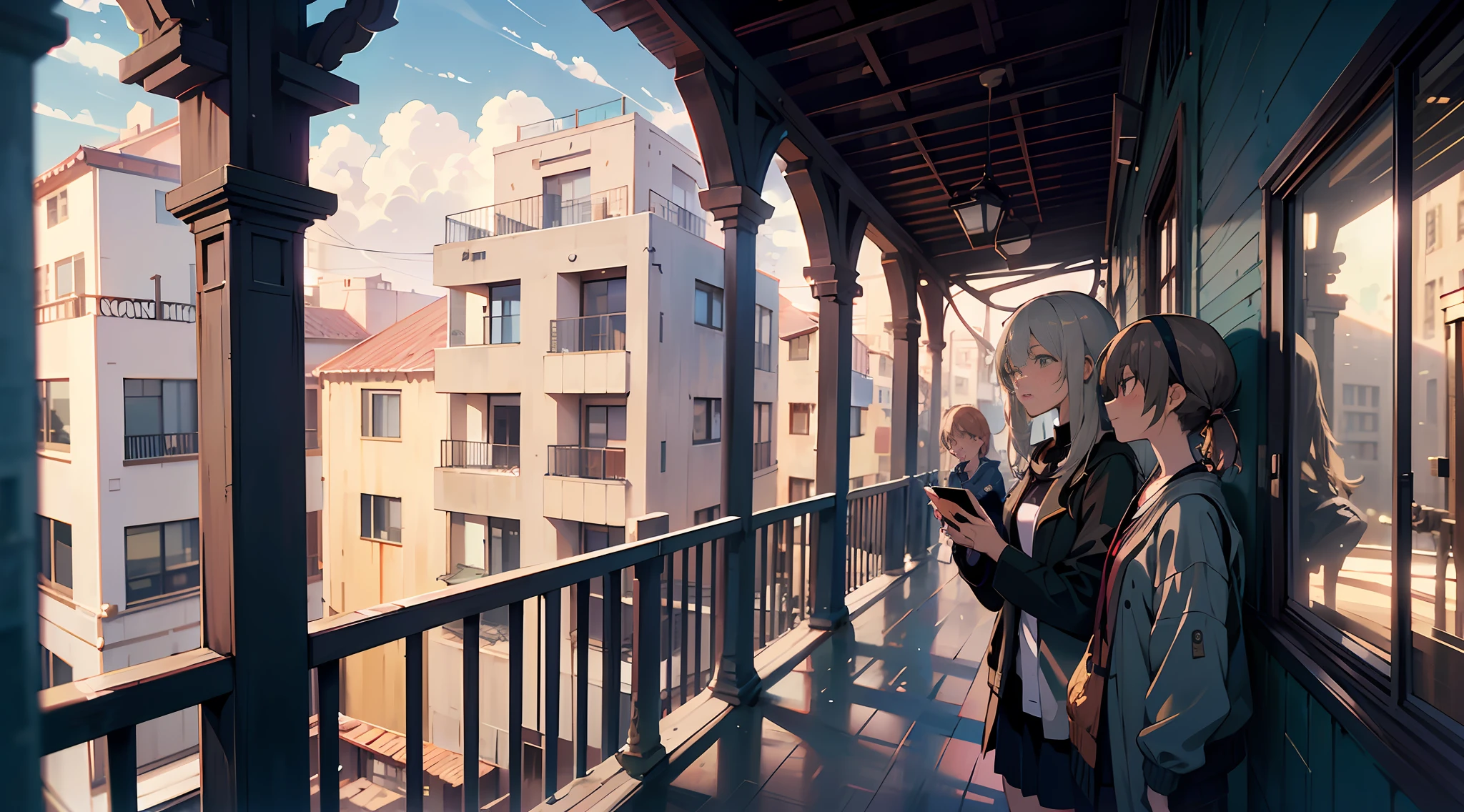 there are two women standing on a balcony looking at their cell phones, realistic anime 3 d style, realistic afternoon lighting, octane render. by makoto shinkai, artwork in the style of guweiz, balcony scene, photorealistic streetscape, anime style cityscape, cinematic realistic photo, anime style mixed with fujifilm, realistic photo of a town