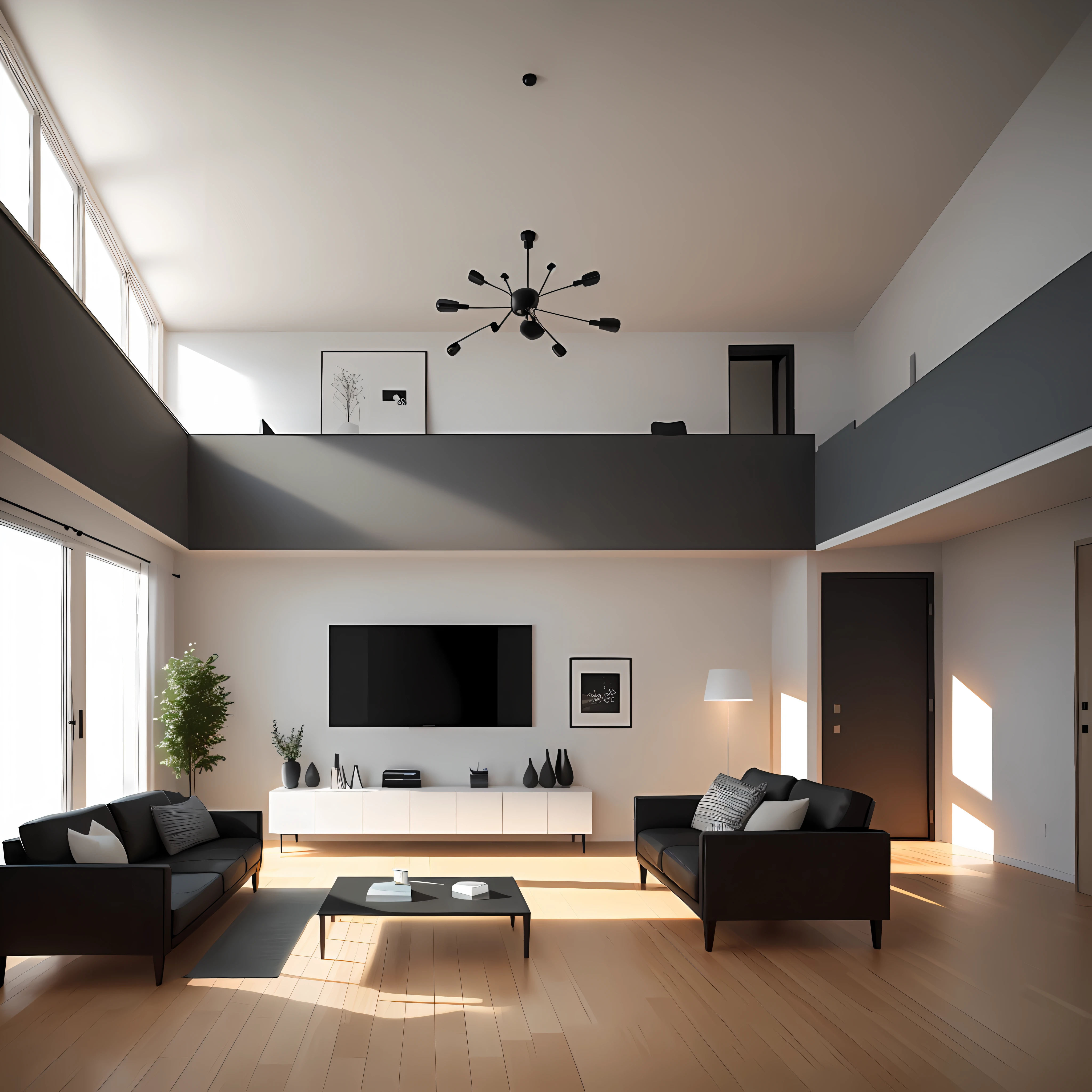 Large living room, minimalist, Nordic style, prime time, volumetric lights, OC rendering