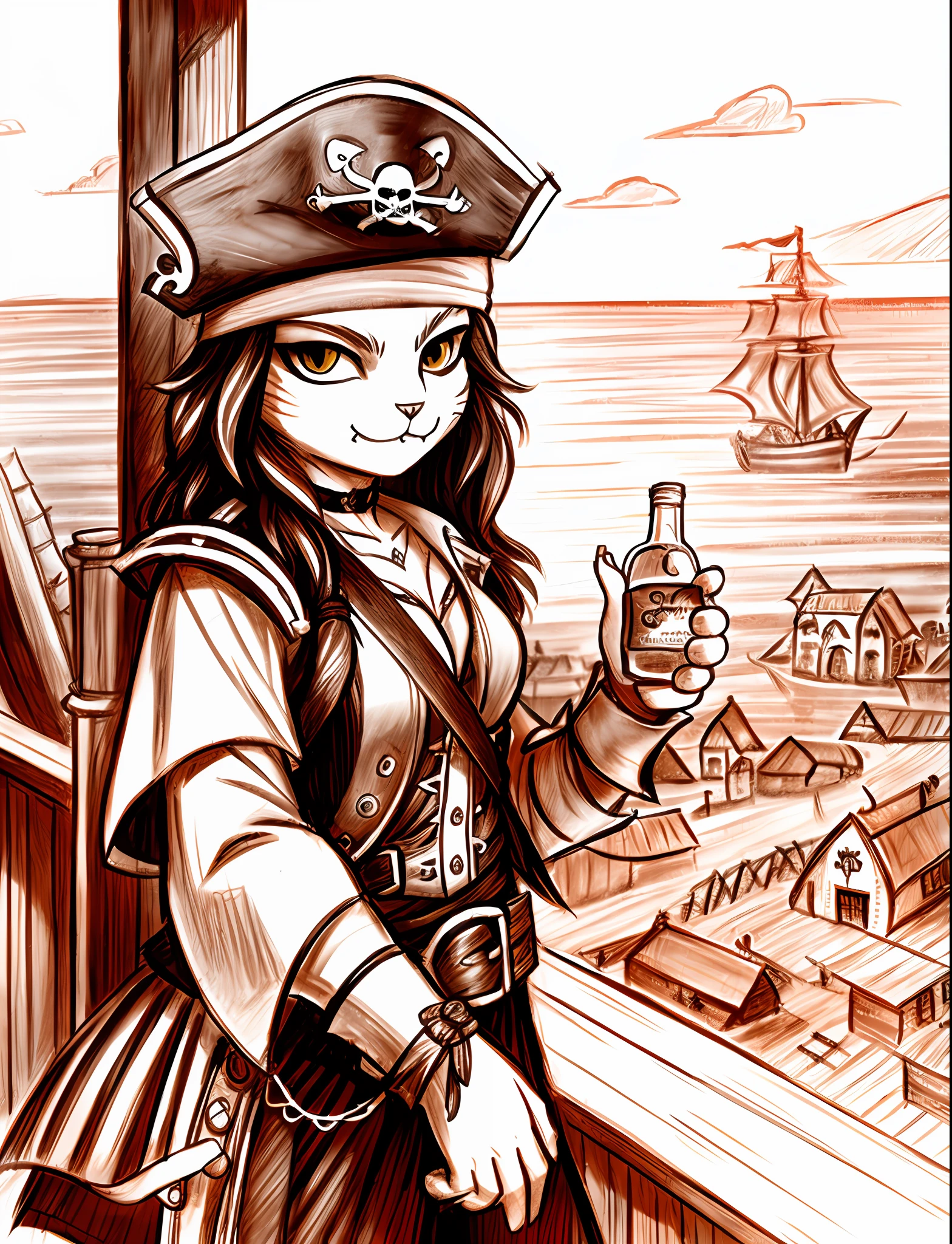 ((female cat pirate)),wearing pirate outfit, drinking a bottle of rum, (looking over a village from a hill), ships in the distant ocean, visible fangs, masterpiece, best quality, (((sketch doodle)))
