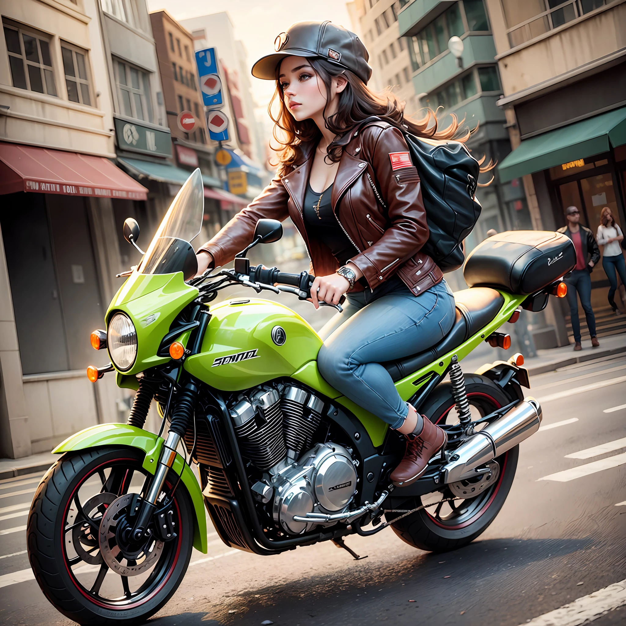 A young woman walks absentmindedly on one side of the street and on the other side comes a young man riding a motorcycle --auto --s2