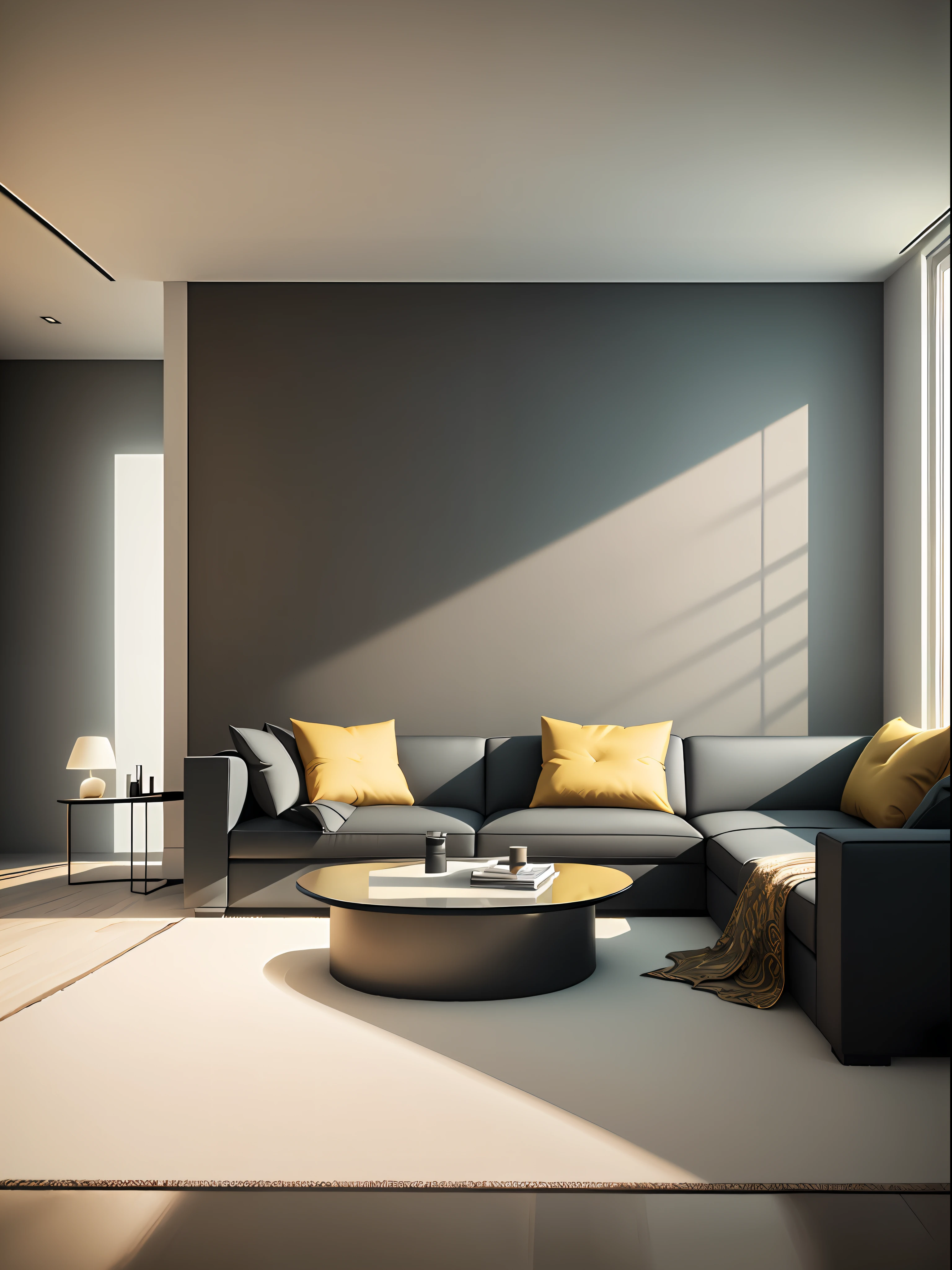 Living room view with sofa, coffee table, light background wall, modern light luxury style, custom details, large carpet, fabric sofa, high quality 3D rendering, high quality 3D rendering, excellent 3D rendering, high quality rendering, Unreal Engine realistic rendering, luxury HD rendering, soft ambient lighting, rendering in Unreal Engine 6
