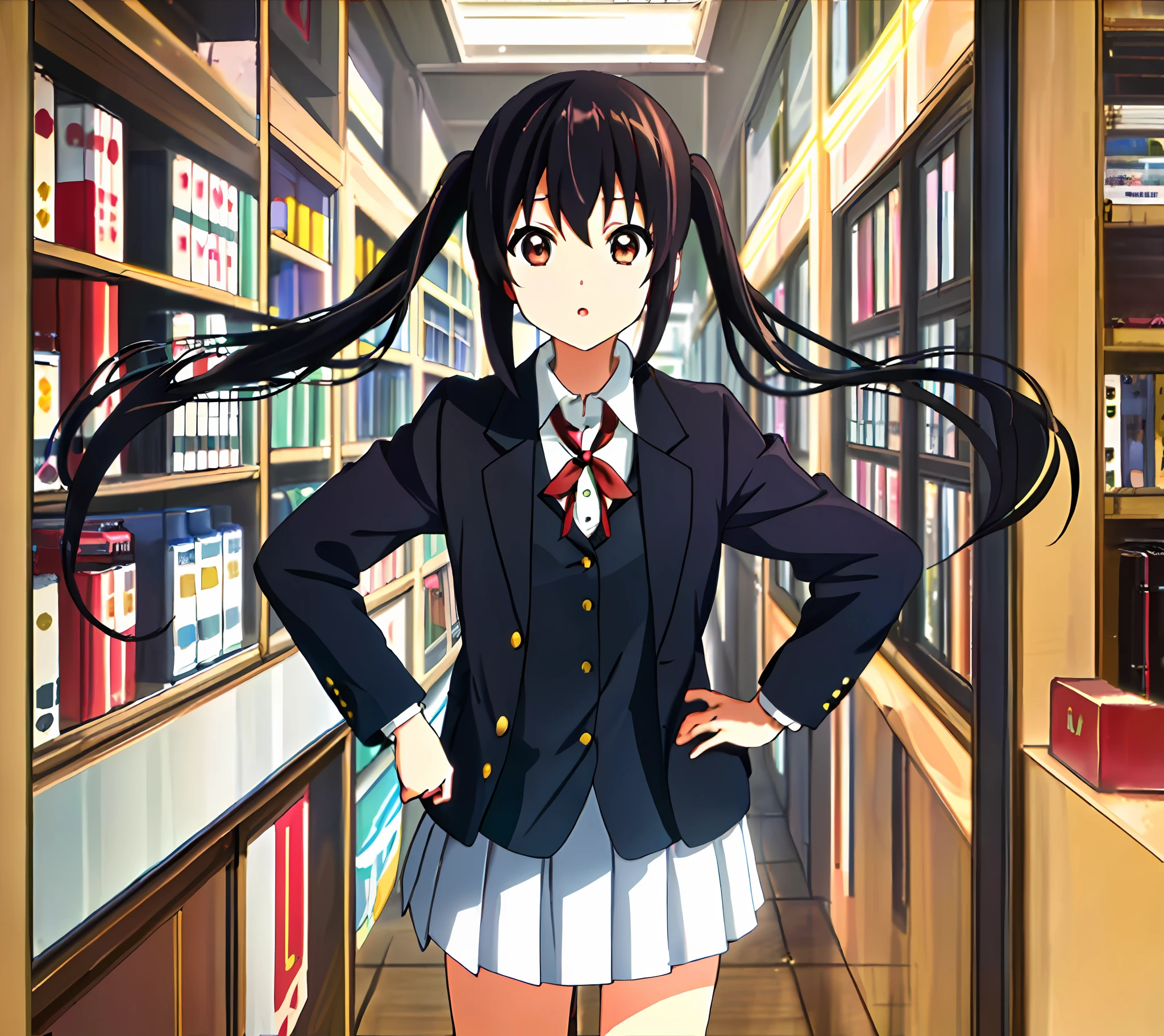 1girl, ((((Masterpiece))), Best Quality, Best Quality, High Detail, Azusa Nakano, 1girl, Sakuragaoka High School Uniform, Musical Instrument, School Uniform, Twin Tails, Long Hair, Black Hair, Brown Eyes, Solo, Red, Dark blue blazer with a thin ribbon of red, Solid white button shirt under blazer, Illustration, Cartoon, Soothing tones, Muted colors, Soft cinematic light, Adobe Lightroom, Photo Lab, HDR, complex and highly detailed, (((depth of field))))). (((Masterpiece))). (((highest quality))).) ((super detail))). Put your hands on your hips, stretch your chest, and sunset.