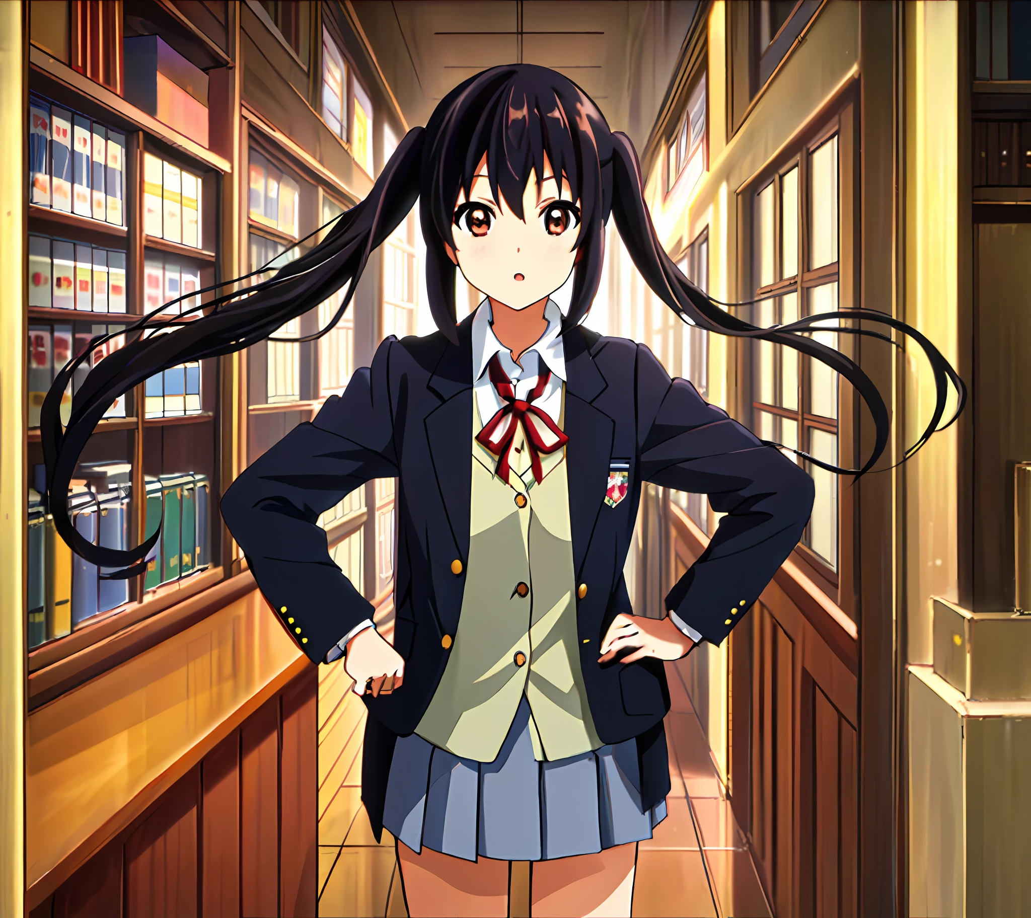 1girl, ((((Masterpiece))), Best Quality, Best Quality, High Detail, Azusa Nakano, 1girl, Sakuragaoka High School Uniform, Musical Instrument, School Uniform, Twin Tails, Long Hair, Black Hair, Brown Eyes, Solo, Red, Dark blue blazer with a thin ribbon of red, Solid white button shirt under blazer, Illustration, Cartoon, Soothing tones, Muted colors, Soft cinematic light, Adobe Lightroom, Photo Lab, HDR, complex and highly detailed, (((depth of field))))). (((Masterpiece))). (((highest quality))).) ((super detail))). Put your hands on your hips, stretch your chest, and sunset.