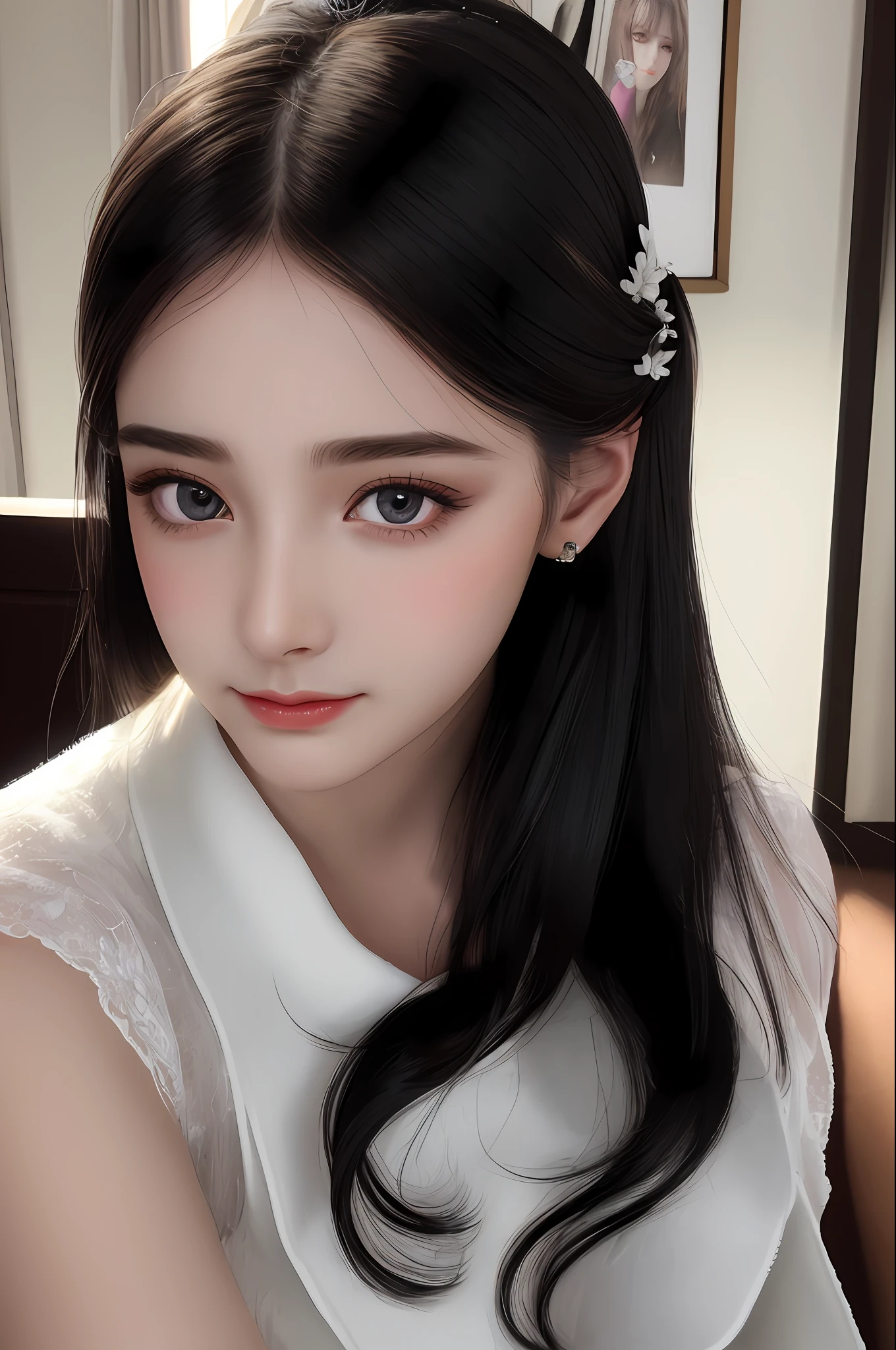 Very detailed eyes, very detailed face, very beautiful woman, best quality, super detailed (photorealistic), very delicate and beautiful legs, beautiful black eyes, absurdity, very detailed facial expression, professional illustration, shy, face about late s, hololive,