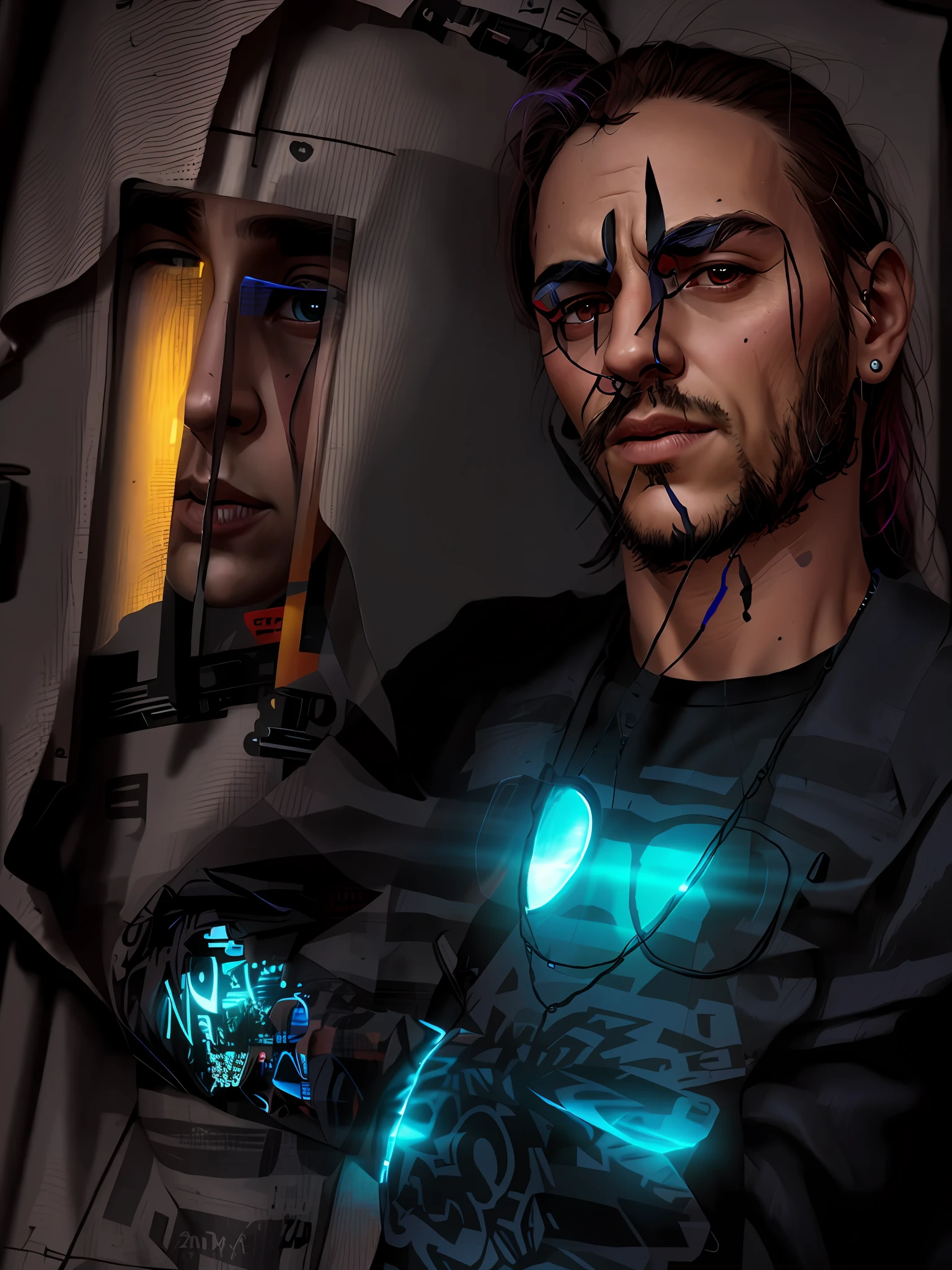 Chaves character with visual modifications, cyberpunk style