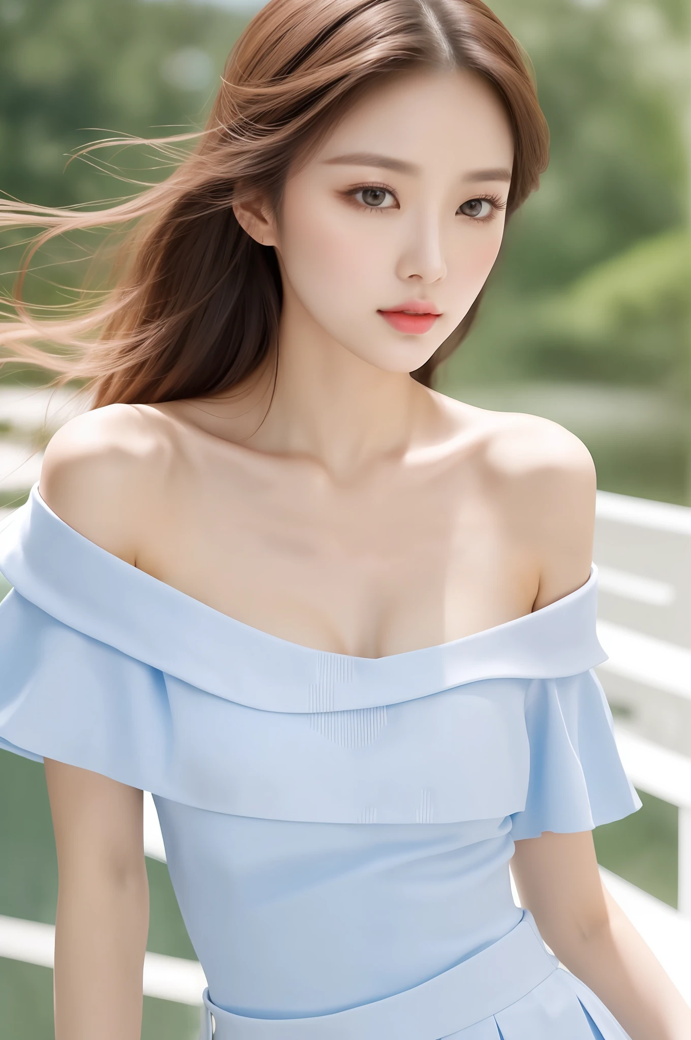 Fashion trendy beautiful and charming woman, gentle and charming Chinese beautiful woman, Korean(kpop-idol), delicate and sexy collarbone, charming oval face, double eyelids, smart peach blossom eyes, pink lips, small nose, bare shoulders, focus on the face, close-up of the face, Ultra-high-definition, super-detailed, the ((loose)), white off-the-shoulder shirt perfectly echoes the light blue high slit miniskirt, fresh and impressive, Natural(medium breasts:1.25), (nsfw:1.2)