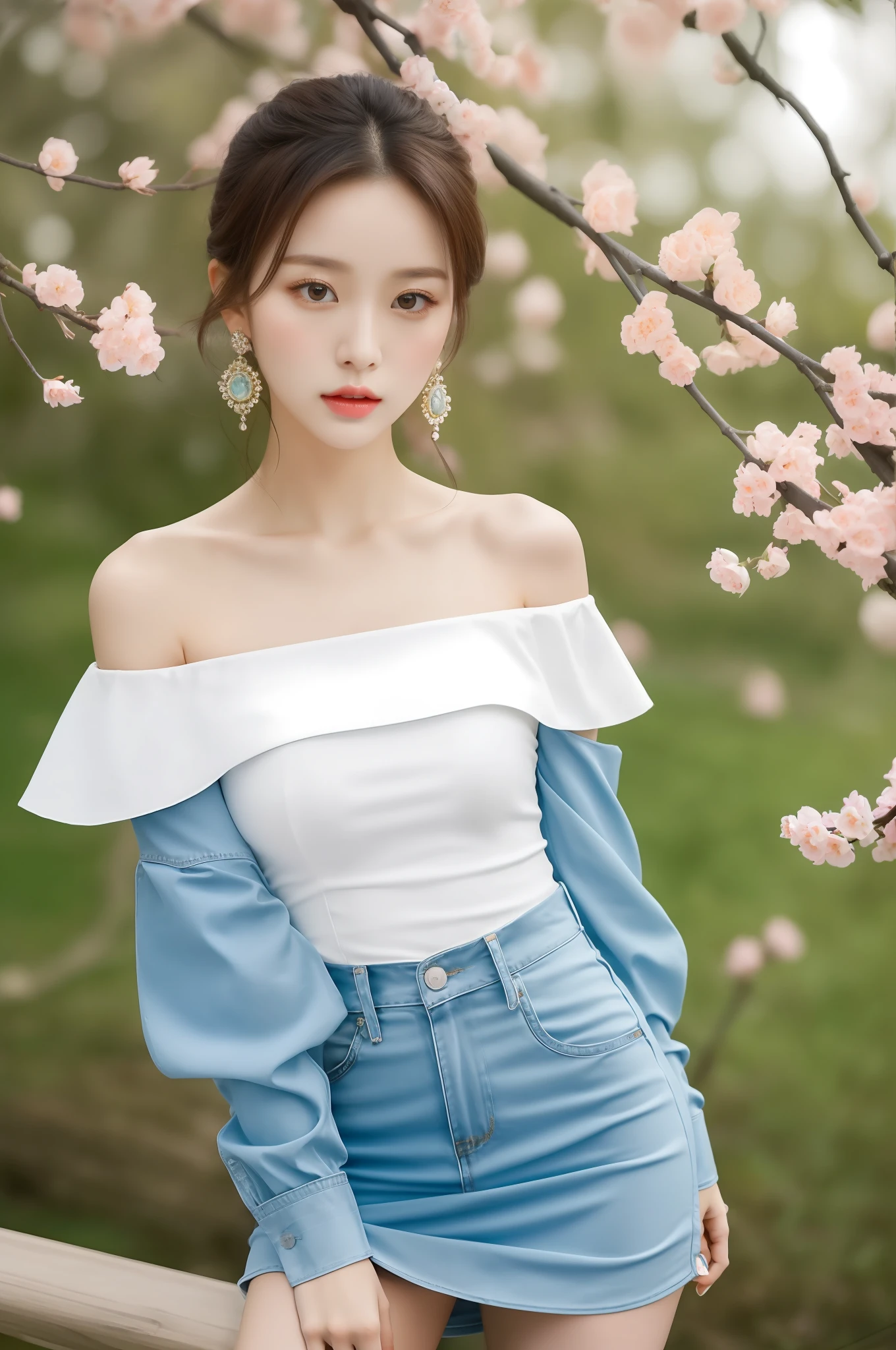 Fashion trendy beautiful and charming woman, gentle and charming Chinese beautiful woman, Korean(kpop-idol), delicate and sexy collarbone, charming oval face, double eyelids, smart peach blossom eyes, pink lips, small nose, bare shoulders, focus on the face, close-up of the face, Ultra-high-definition, super-detailed, the ((loose)), white off-the-shoulder shirt perfectly echoes the light blue high slit miniskirt, fresh and impressive, Natural(medium breasts:1.25), (nsfw:1.2)