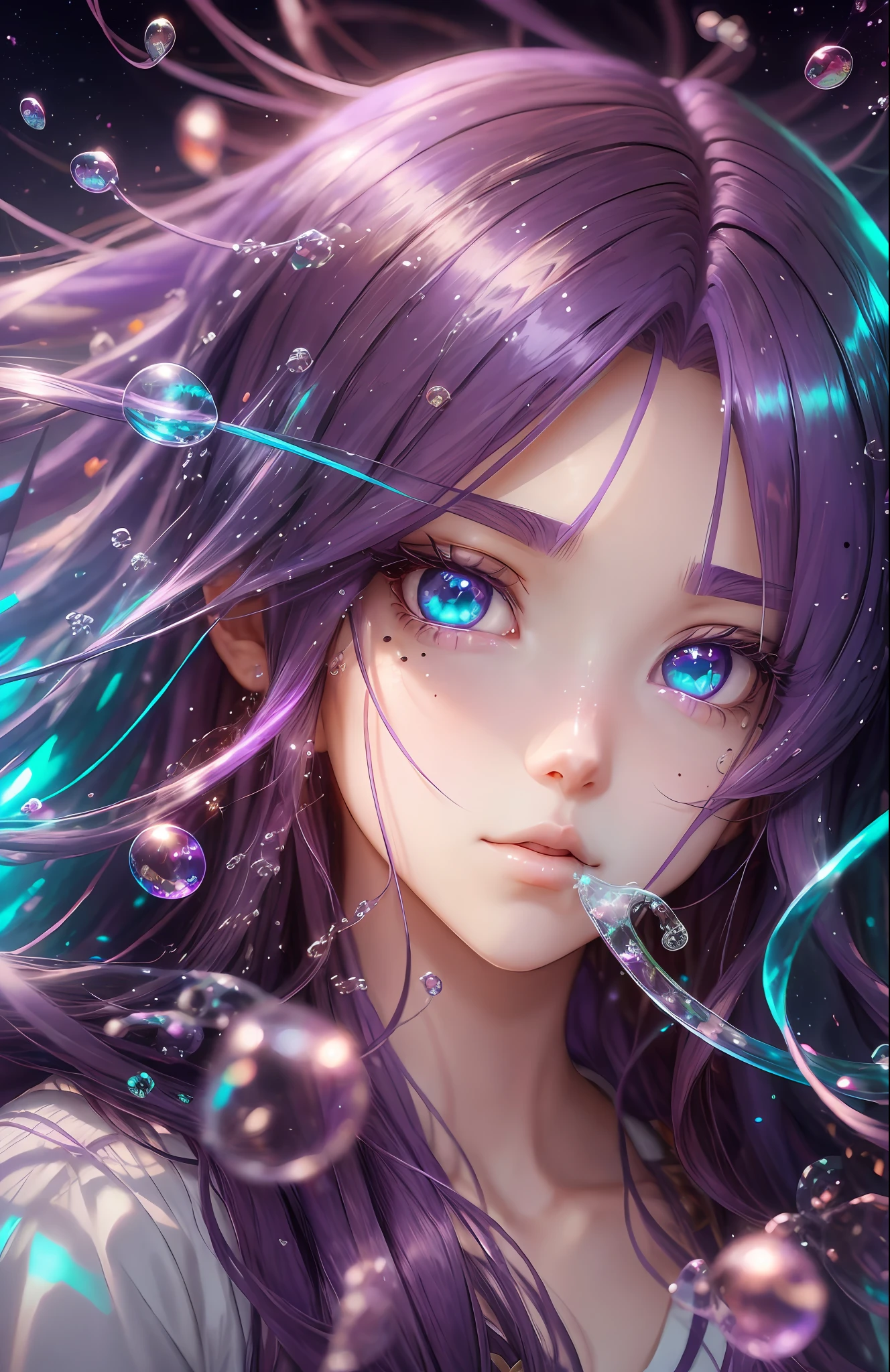 Long purple hair with some red, clear and crystal clear eyes, hair strands, hair blown by the wind, moles in the left and right corners of the eyes, green pupils, clean face, chewing bubbles with bubble gum, jellyfish-like eyes, contact lenses with stars, high detail, anime, modern, anime style, cinematic lighting, ray tracing, close-up, high detail, best image quality, 8K --auto --s2