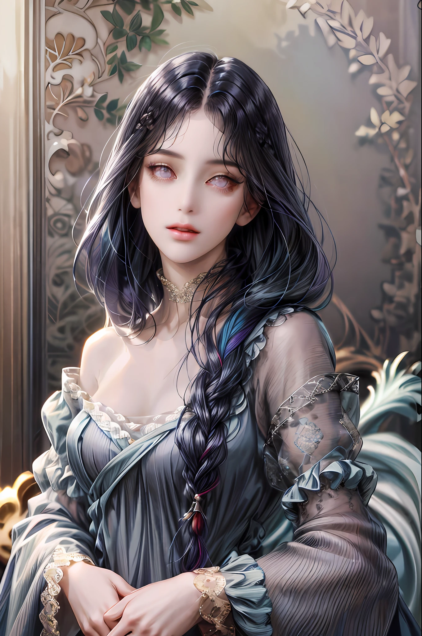 (absurdres, highres, ultra detailed), 1girl, solo, mature, (very long hair, dark blue hair), Baroque, long dress, long sleeve, elegant, colorful, highest detailed, upper body, (purple eyes), ((blunt bangs)), beautiful face