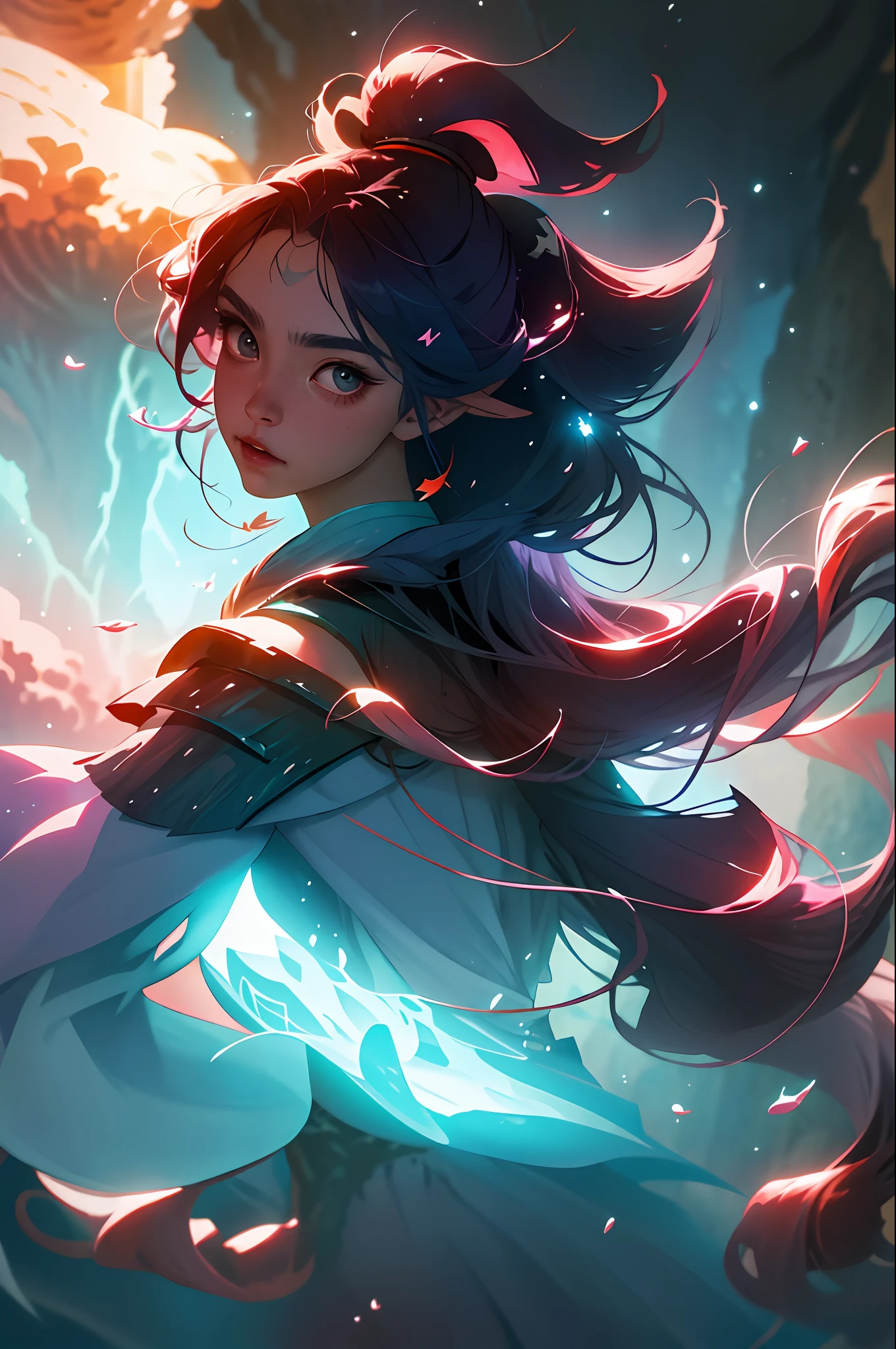 gourgeos, 1girl underwater, beautiful lights, particles, beams of light, strong shadows, samurai clothes, corals, magic,misteryous, orage hair, long hair, long hair, digital art, masterpiece, perfect face, high details