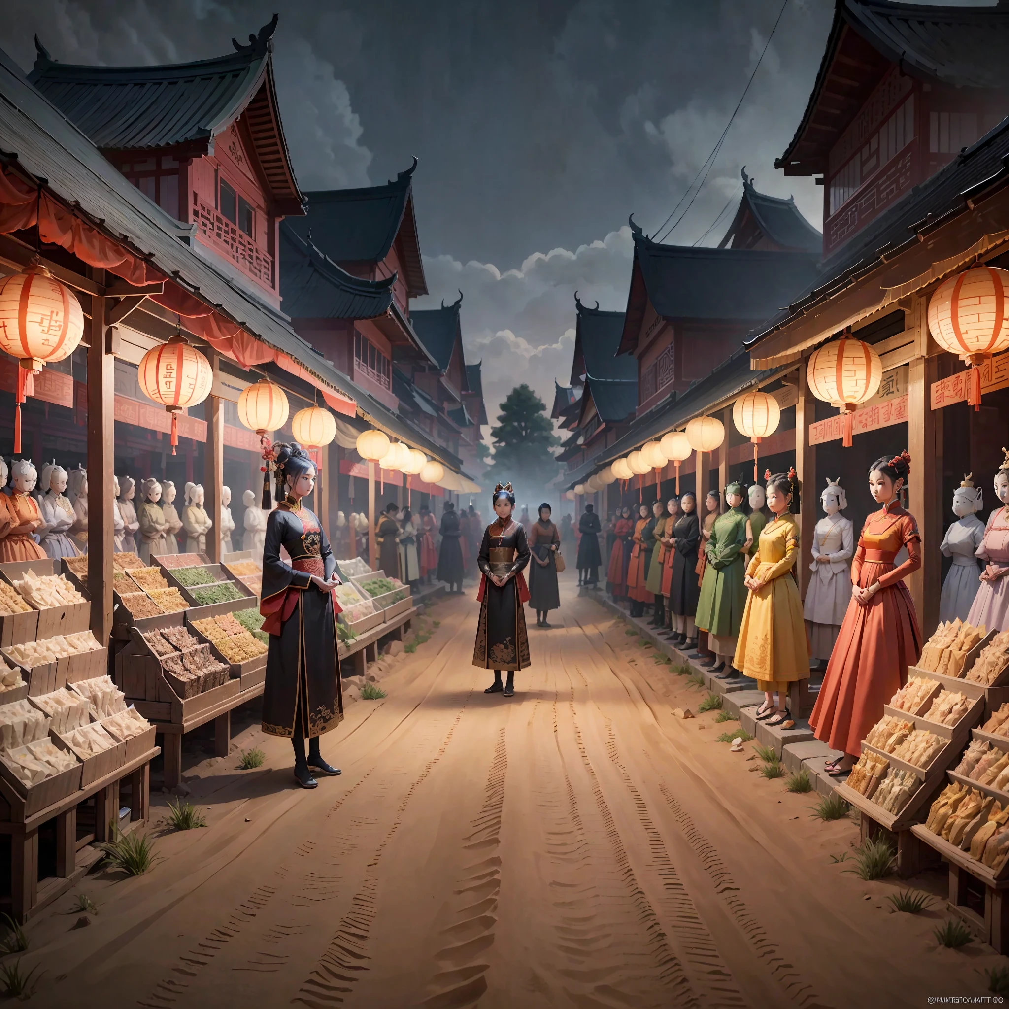 Masterpiece, a late night village (dark and windy outdoor sand and gravel ground), dozens of Asian women's paper figure dolls lined up, traditional Thai costumes, traditional costumes, traditional costumes, traditional costumes, Chinese costumes, traditional costumes, (((Chinese style))), (eerie, tense, suspenseful, scary atmosphere), 8k, HD, HD, high saturation, surreal, high resolution