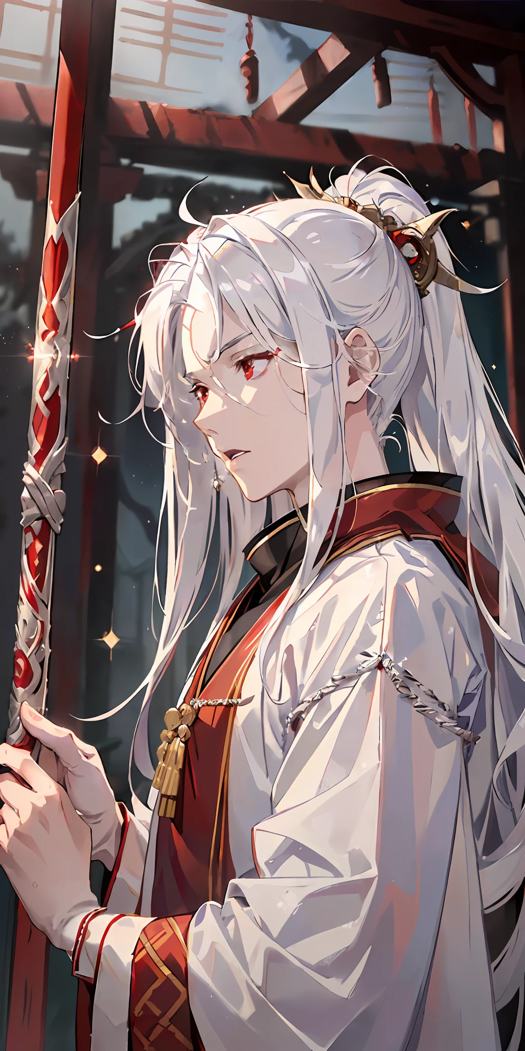 (photo-realistic: 1.4), ((best quality, masterpiece)), (male), thin, muscular, pointed ear, pale gray skin, long straight white hair, (((shimmering, shiny, incandescent red eyes:1.3)), serious, bard, DND, wearing ancient samurai robes with blood on the robes, abandoned scenery, (dirty:1.1), hostile, indirect linear cinematic lighting