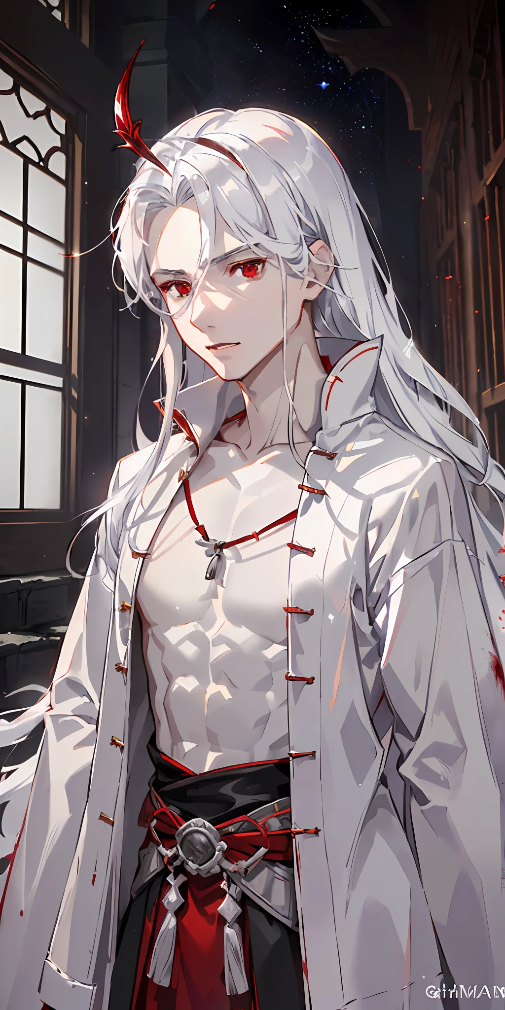 (photo-realistic: 1.4), ((best quality, masterpiece)), (male), thin, muscular, pointed ear, pale gray skin, long straight white hair, (((shimmering, shiny, incandescent red eyes:1.3)), serious, bard, DND, wearing ancient samurai robes with blood on the robes, abandoned scenery, (dirty:1.1), hostile, indirect linear cinematic lighting