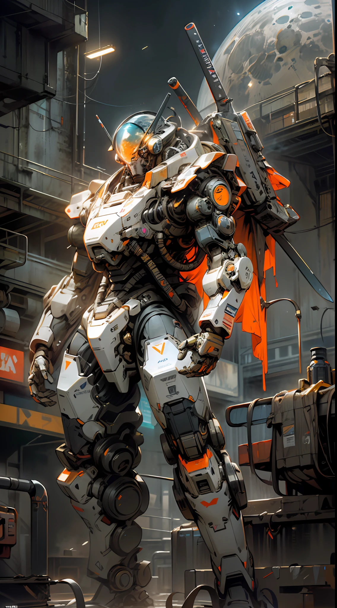 On the moon,barren planets, ruins, holding_weapon, no_humans, glowing, robot, building, glowing_eyes,orange mecha, science_fiction, city, realistic,mecha,Milky Way Galaxy background,neon,cyberpunk,