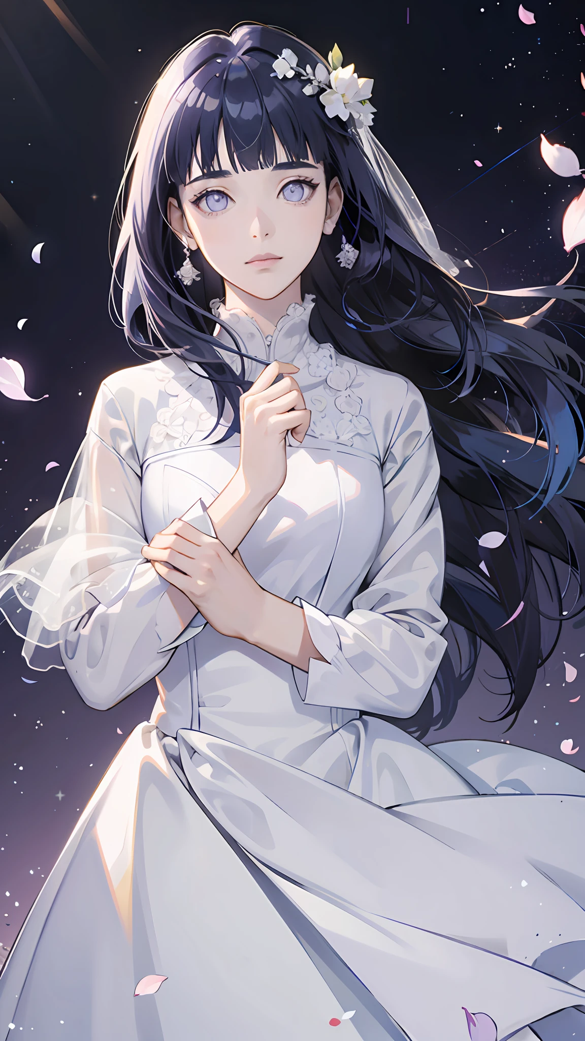 ((best quality)), ((masterpiece)) WEDDING PRINCESS DRESS, light ray, lens flare, white petals, long coated cat, exotic, blunt bangs, dark blue hair, purple eyes