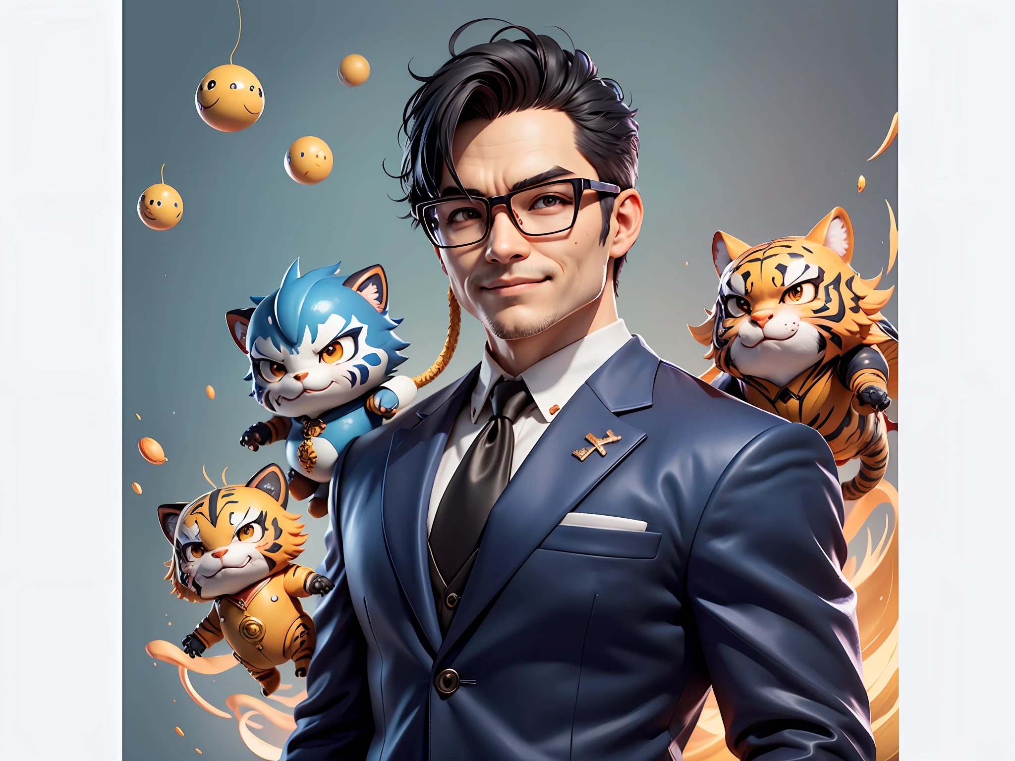 (Masterpiece), (Extreme Quality), (Super Meticulous), (Full Body: 1.2), Super Young Man, Chinese Dragon, Tiger, Wind God Thor, Sexy, Bursting, Oriental Face, TV Anchor, Bust Portrait Illustration, Black Formal Suit, Blue Tie, Slightly Chubby Face, Silver Glasses, Very Clean Face, No Beard on Chin, Black Super Short Hair, Black Eyes, Confident Smile, 3c Computer Sub-Products, iPad, iPhone, Digital Painting, 3D Character Design by Mark Claireden and Pixar and Hayao Miyazaki and Akira Toriyama, The illustration is a high-definition illustration in 4K resolution with very detailed facial features and cartoon-style visuals.