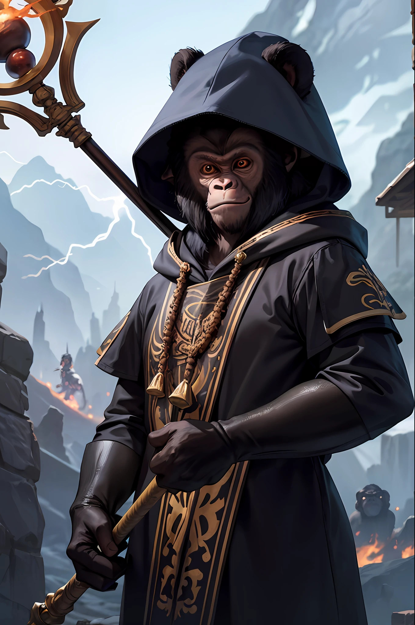 Masterpiece, best quality, realistic , magical monkey, gorilla, blurry, eyes with endless flames, flying in the air, wearing mage robes, (holding staff: 1.2), holding a cane pointing to the sky, sky thunder and lightning, hood, solo,