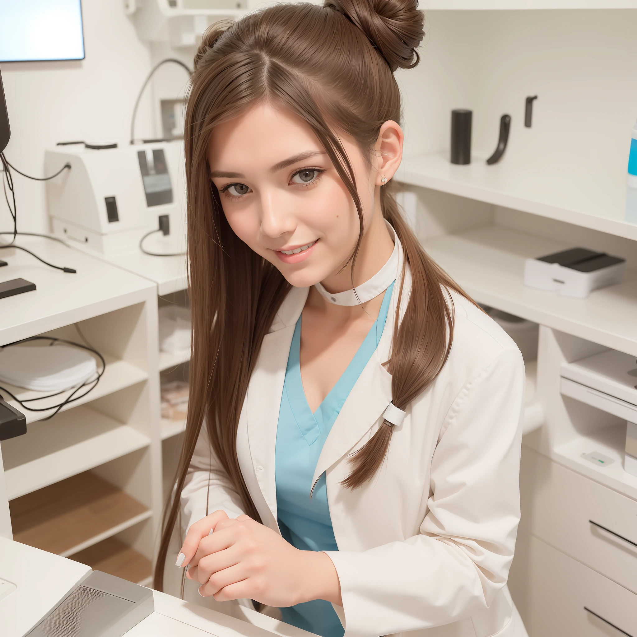 28-year-old woman in a lab coat
The hair is long, brown, tied up in a bun
The eyes are large, giving the impression of gentleness.
Always smiling and friendly personality Movement: Eating --auto --s2