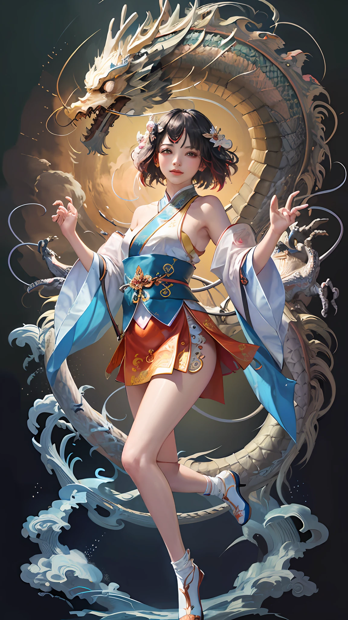 Official Art, Unified 8K Wallpapers, Ultra Detailed, Beautiful and Aesthetic, Masterpiece, Best Quality, (Zentangle, Tangle, Entangle), (fractal art: 1.4), 1girl, black hair, Chinese, off-the-shoulders, short skirt, calves, very detailed, dynamic angle, cowboyshot, (most beautiful form of chaos), ethereal, (bright colors), oc, (half: 1.2), china, (thangka flying sky: 1.5), (ribbon: 1.3), (dream: 1.5), (hanfu: 1.5), Chinese dragon, Chinese phoenix, (smile: 0.5), (Chinese deity),
