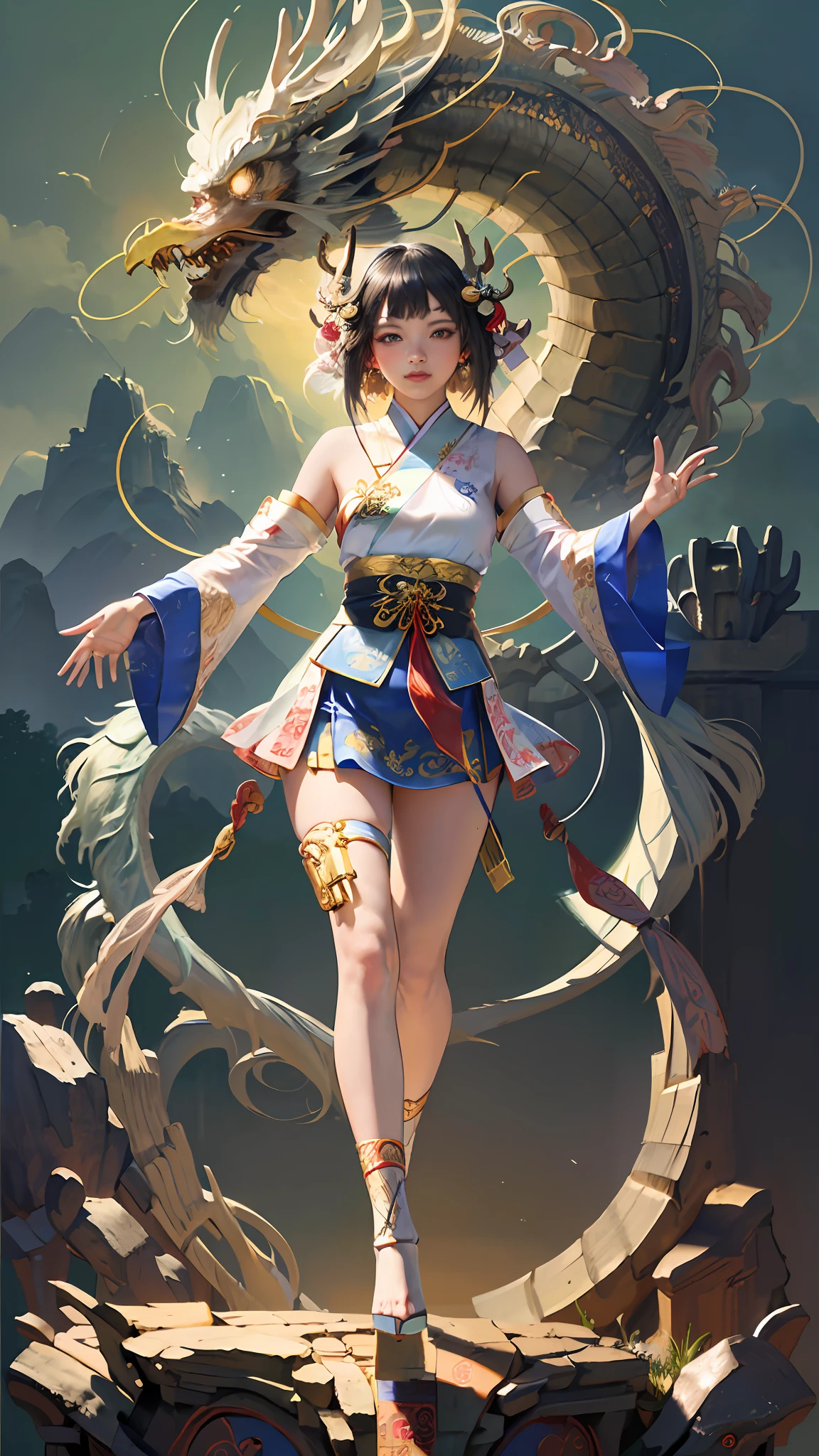 Official Art, Unified 8K Wallpapers, Ultra Detailed, Beautiful and Aesthetic, Masterpiece, Best Quality, (Zentangle, Tangle, Entangle), (fractal art: 1.4), 1girl, black hair, Chinese, off-the-shoulders, short skirt, calves, very detailed, dynamic angle, cowboyshot, (most beautiful form of chaos), ethereal, (bright colors), oc, (half: 1.2), china, (thangka flying sky: 1.5), (ribbon: 1.3), (dream: 1.5), (hanfu: 1.5), Chinese dragon, Chinese phoenix, (smile: 0.5), (Chinese deity),