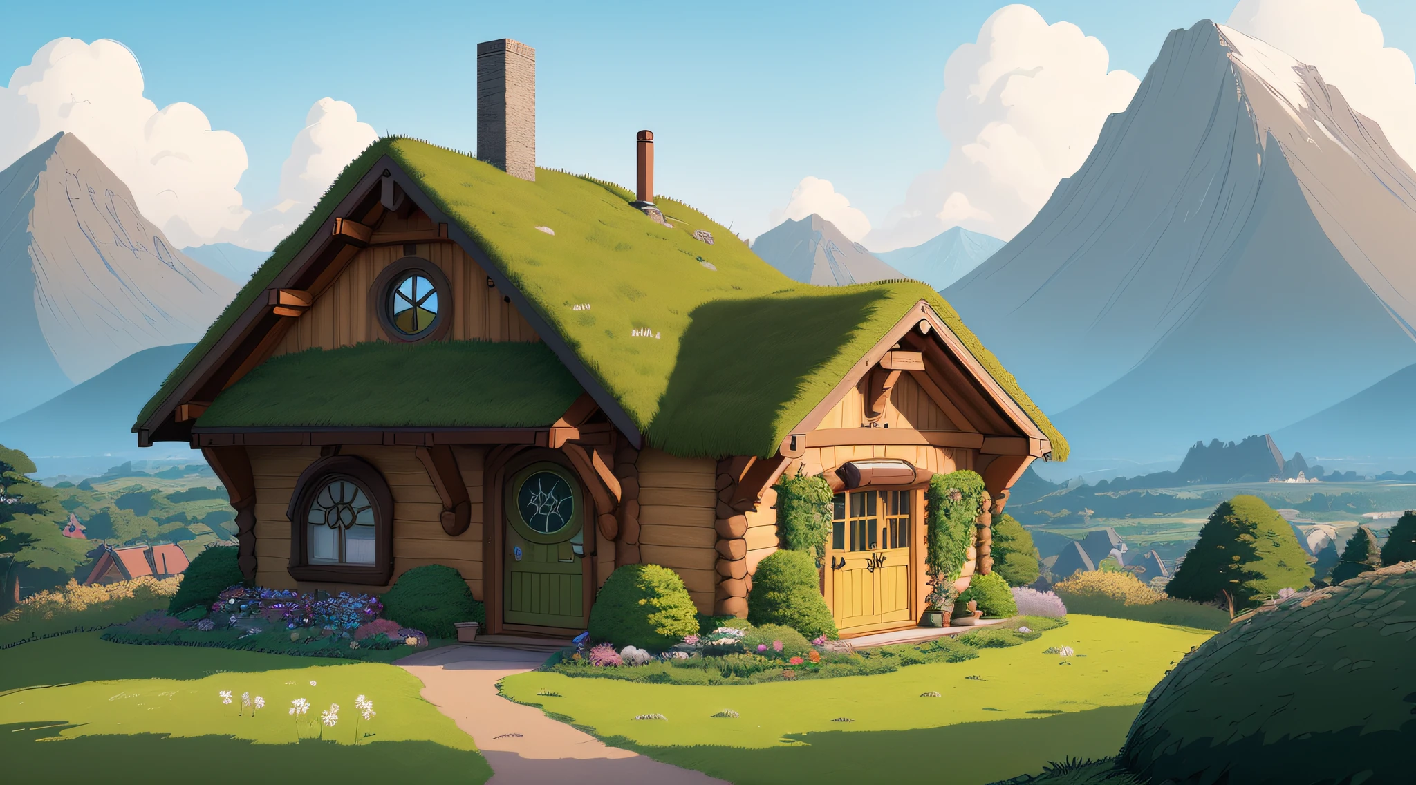 Realistic, real life, nice hobbit house on the hill, and a boy, laurie greasley style, studio ghibli, akira toriyama, james gilleard, genshin impact, trending pixiv fanbox, acrylic spatula, 4k, vibrant colors, devinart, trending artstation