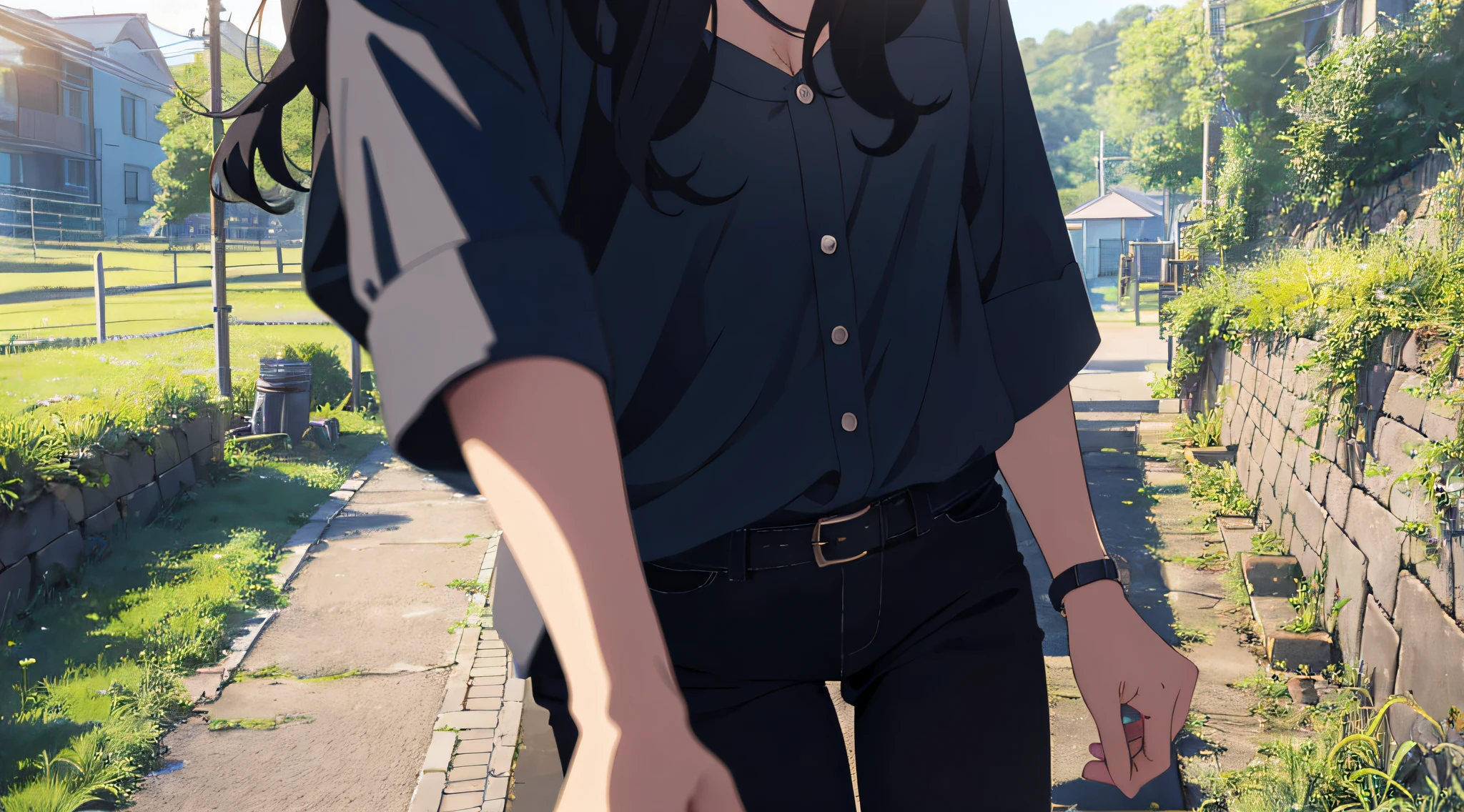 Boy pulls girl away: 1.4, boy holds girl's hand, back to viewer, background is outside the countryside, (Li Na: long hair, black hair, curly hair, simple earrings, big eyes, casual wear, black dress, 21 years old), (gangko: short hair, straight hair, sunshine, handsome, with watch, gray casual shirt, black pants), stereogram, anime, UHD, textured skin, high quality, high detail --auto --s2