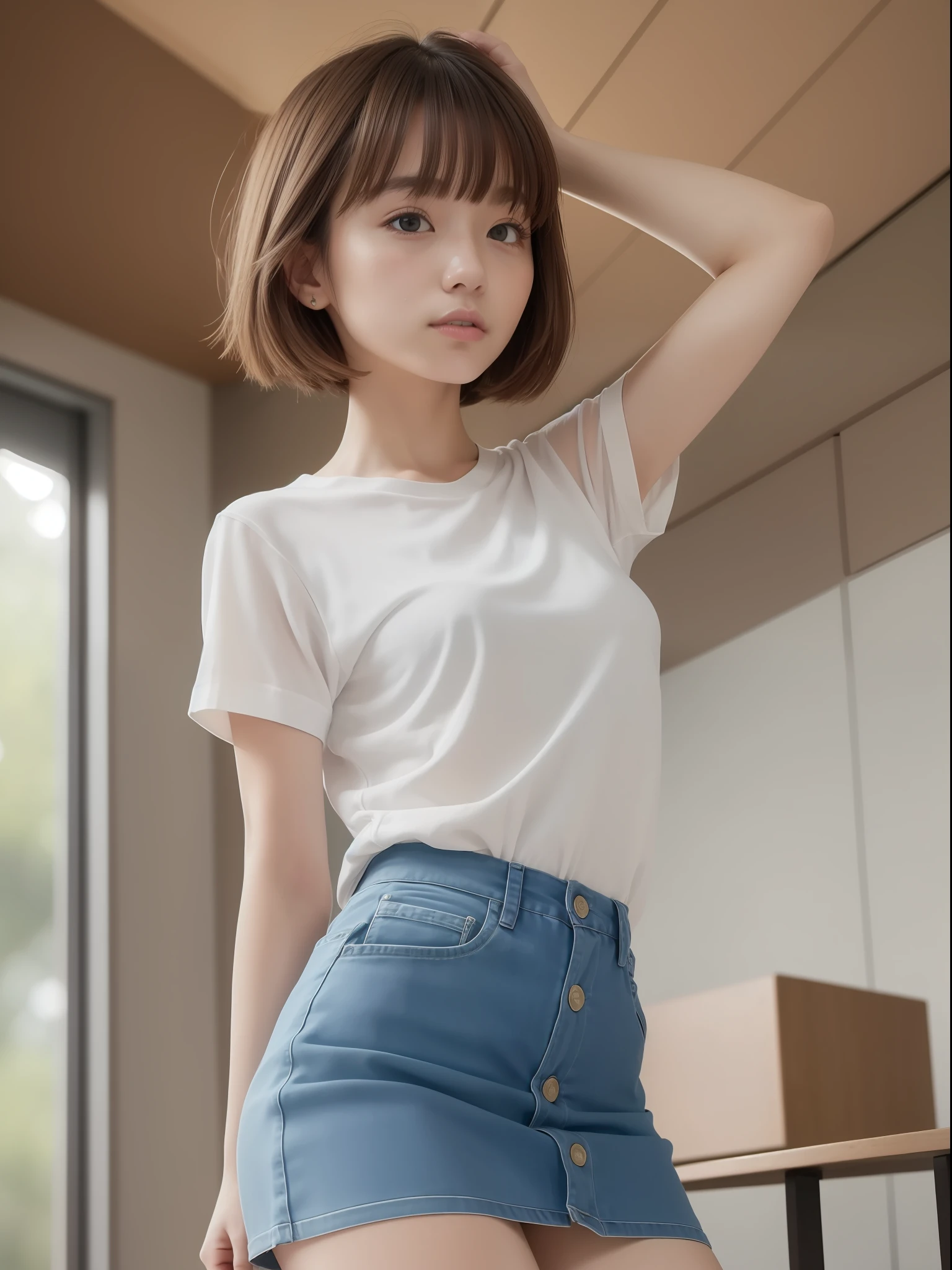 ((Best Quality, 8k, Masterpiece: 1.3)), Sharp Focus: 1.2, Beautiful nogizaka Girl, Pretty Face, cute face, 24 Years Old, Small Breasts, Flat Breasts, Short messy Hair, standing, Uniqlo Casual clothes, mini Skirt, classroom, Sunlight, Dramatic Angle, Tenderness, Movie Lighting, From below, (8k, masterpiece, highest quality, raw photo)