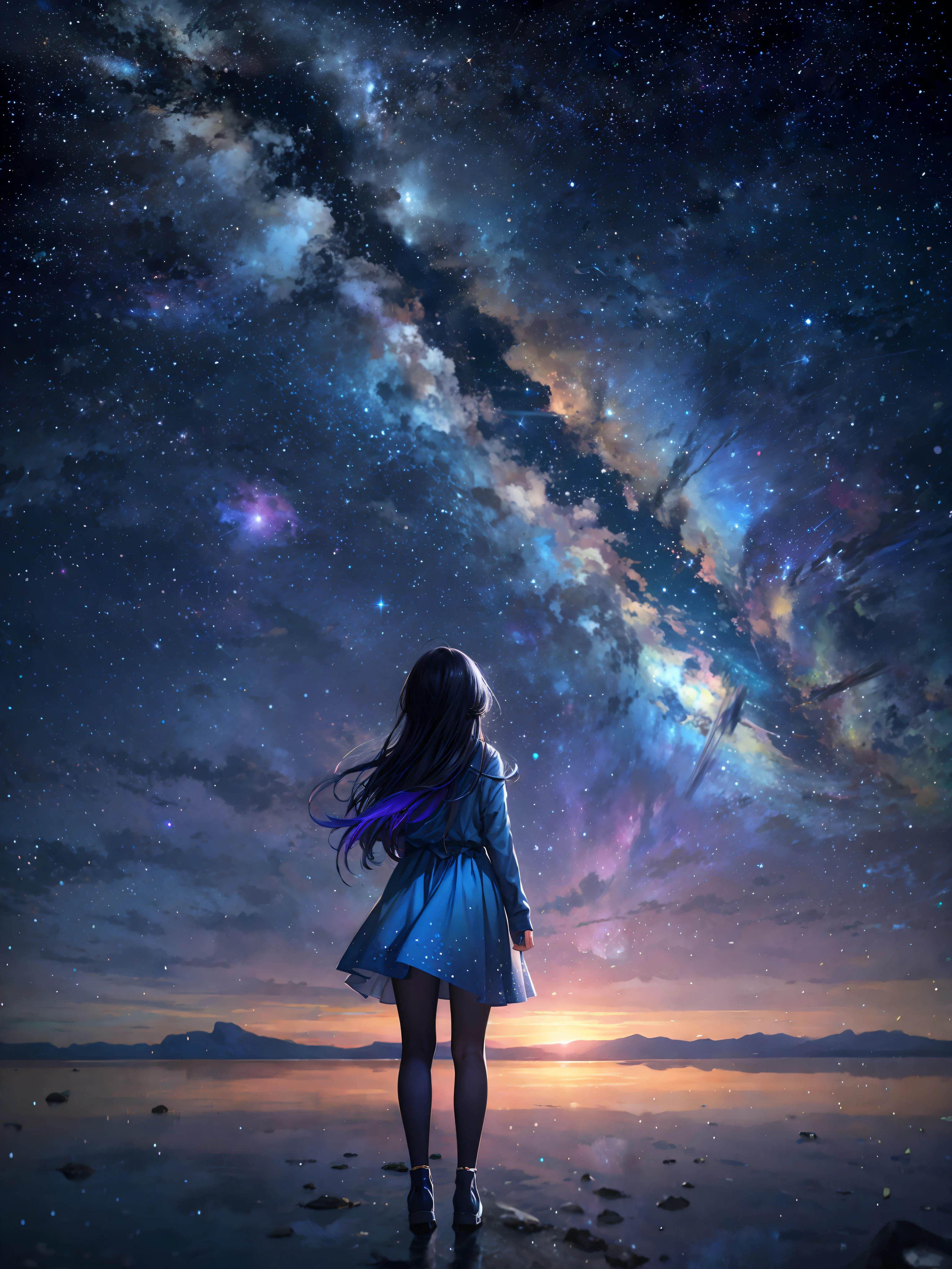 starry sky with a woman standing on a beach looking at the stars, girl looks at the space, anime girl with dark blue hair in a white dress, girl in space, endless cosmos in the background, looking out into the cosmos, amazing wallpaper, on a galaxy looking background, beautiful girl on the horizon, looking out into space, makoto shinkai cyril rolando, anime art wallpaper 4k