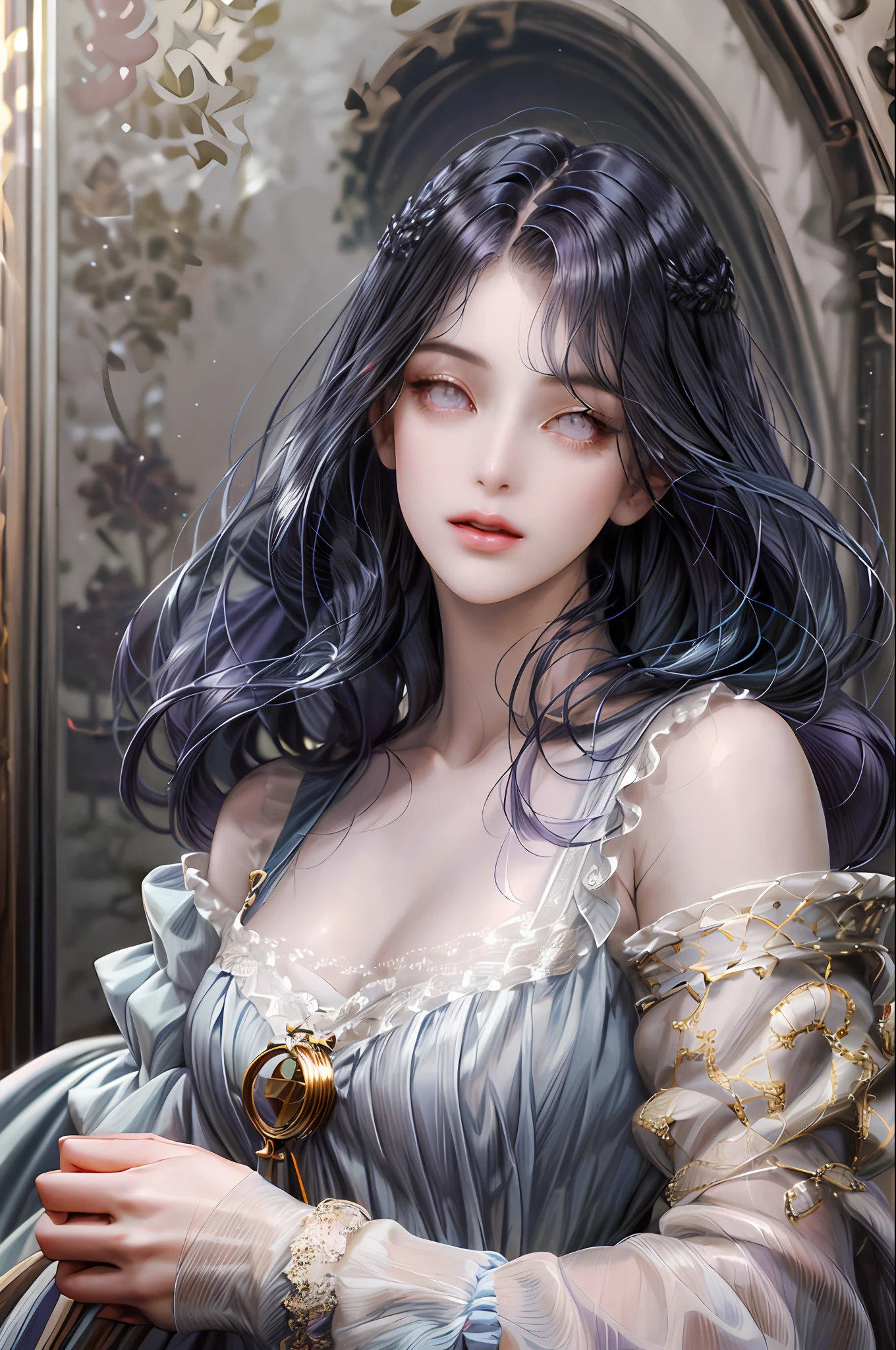 (absurdres, highres, ultra detailed), 1girl, solo, mature, (very long hair, dark blue hair), Baroque, long dress, long sleeve, elegant, colorful, highest detailed, upper body, (purple eyes), ((blunt bangs)), beautiful face, detailed face