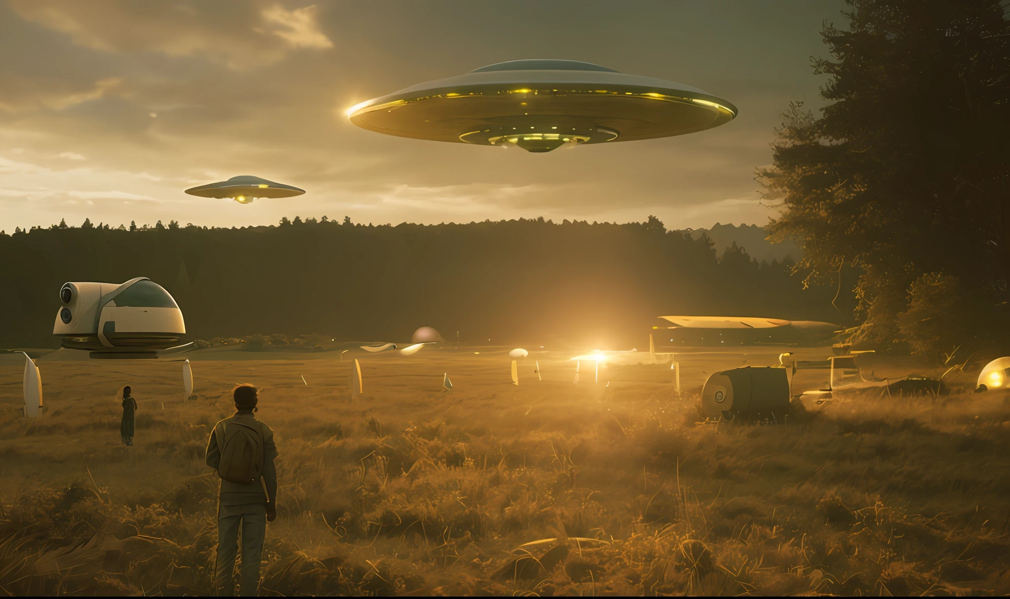 there are two people standing in a field watching a flying object, still from the movie the arrival, flying saucers, an epic scifi movie still, ufo aliens, epic scifi movie still, ufo attack, ufo landing, depicted as a scifi scene, populated with aliens and people, ufo abduction, sci-fi movie shot, dramatic sci-fi movie still