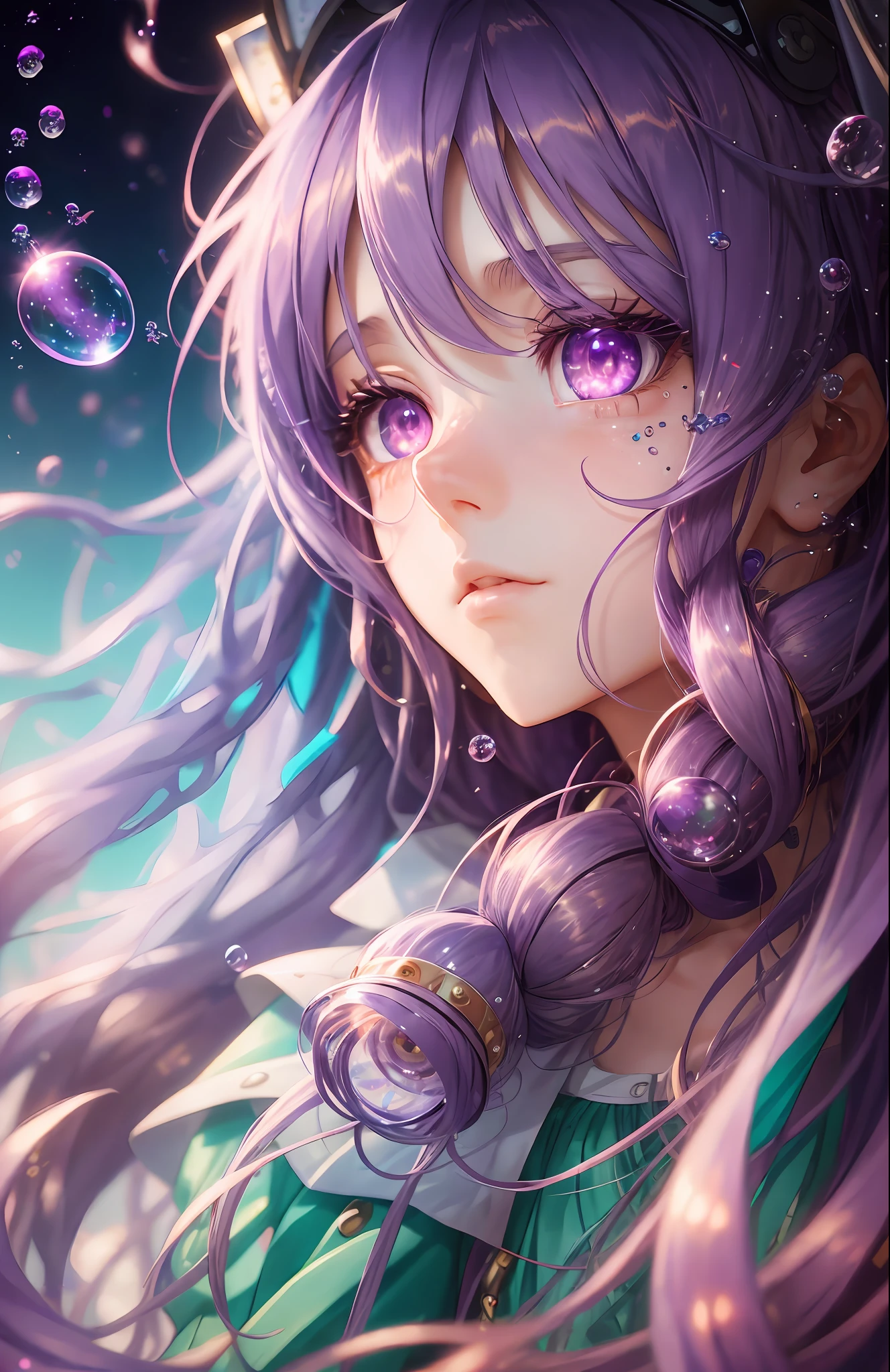 Long purple hair with some red, clear and crystal clear eyes, hair strands, hair blown by the wind, moles in the left and right corners of the eyes, green pupils, clean face, chewing bubbles with bubble gum, jellyfish-like eyes, contact lenses with stars, high detail, anime, modern, anime style, cinematic lighting, ray tracing, close-up, high detail, best image quality, 8K --auto --s2