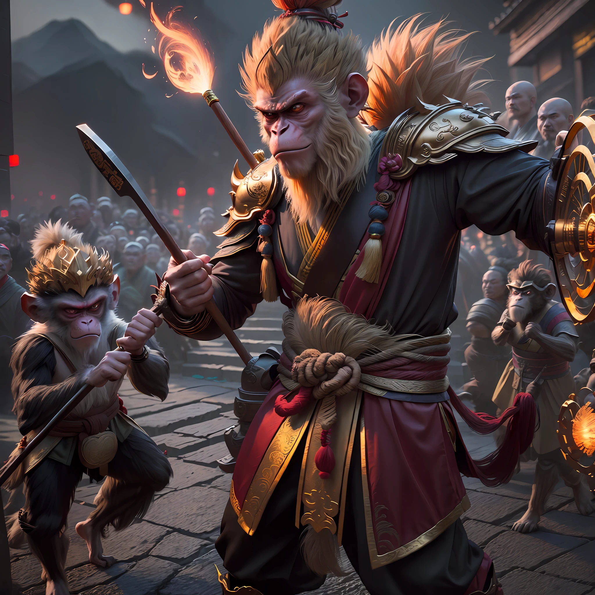 Monkey King, holding a golden hoop stick, a monkey, magical, anthropomorphic, boy, angry expression, glowing eyes, Wanruo mask, Hanfu, background of ancient Chinese street, night. Genshin Impact Impact, Best Quality, High Detail, High Quality, Ultra High Resolution, OC Rendering, 8K