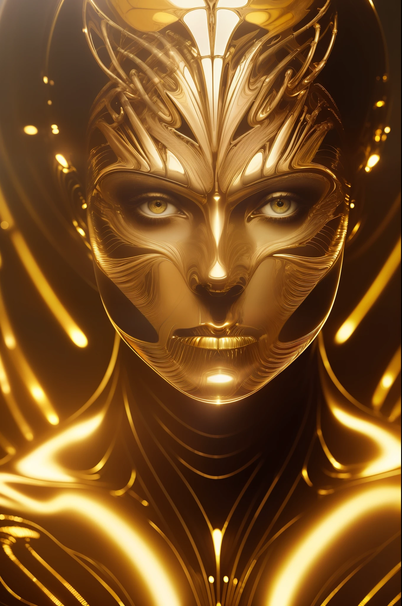 look at a camera| masterpiece, best quality, 8k, ultrarealistic aesthetic artistic photo of beautiful nude woman, (woman head, normal woman face:1.5), biomechanic body ultrarealistic full reflective gold chrome plated, (half body:1.2), reflection of light, reflective lighting, sharp focus (by h.r. giger:1.3)