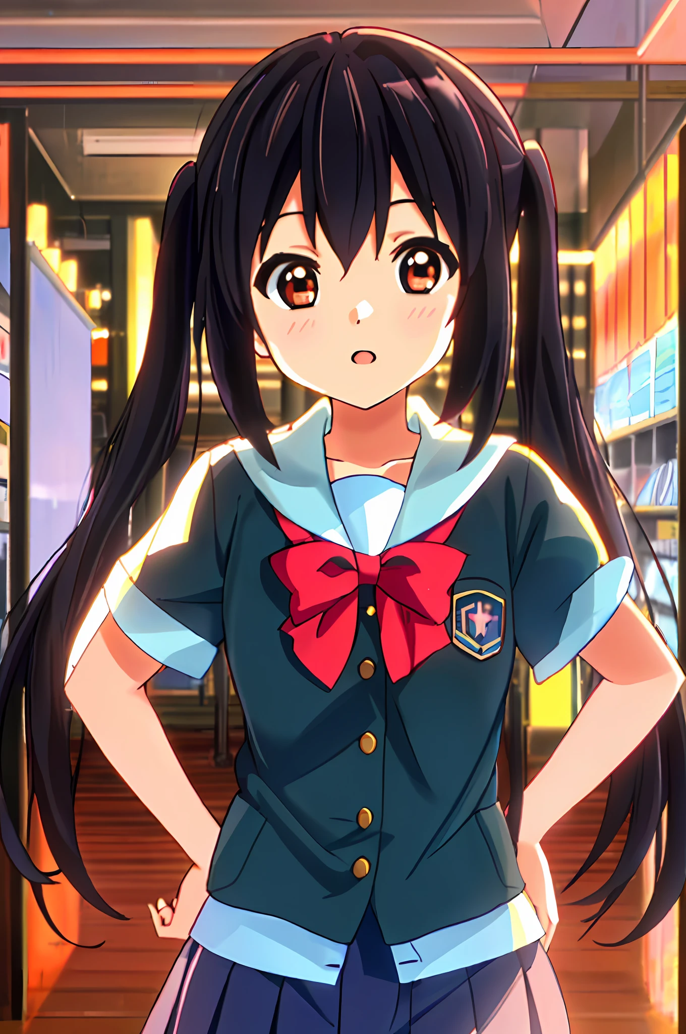 1girl, ((((Masterpiece))), Best Quality, Best Quality, High Detail, Azusa Nakano, 1girl, Sakuragaoka High School Uniform, Musical Instrument, School Uniform, Twin Tails, Long Hair, Black Hair, Brown Eyes, Solo, Red, Dark blue blazer with a thin ribbon of red, Solid white button shirt under blazer, Illustration, Cartoon, Soothing tones, Muted colors, Soft cinematic light, Adobe Lightroom, Photo Lab, HDR, complex and highly detailed, (((depth of field))))). (((Masterpiece))). (((highest quality))).) ((super detail))). Put your hands on your hips, stretch your chest, and sunset.