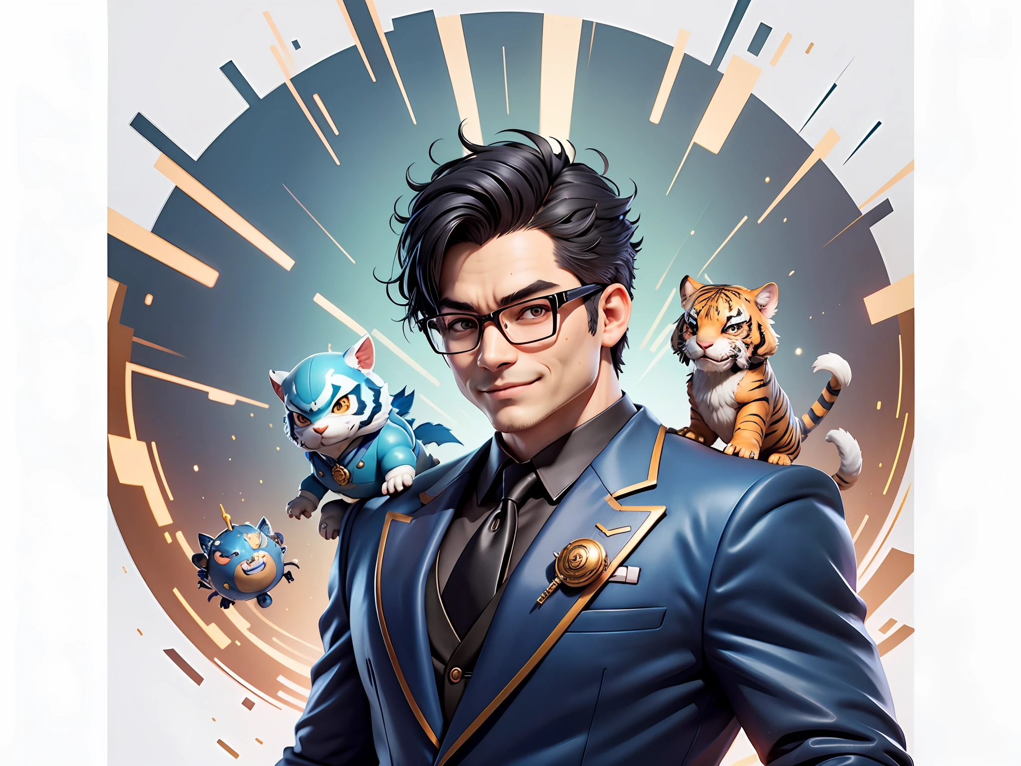 (Masterpiece), (Extreme Quality), (Super Meticulous), (Full Body: 1.2), Super Young Man, Chinese Dragon, Tiger, Wind God Thor, Sexy, Bursting, Oriental Face, TV Anchor, Bust Portrait Illustration, Black Formal Suit, Blue Tie, Slightly Chubby Face, Silver Glasses, Very Clean Face, No Beard on Chin, Black Super Short Hair, Black Eyes, Confident Smile, 3c Computer Sub-Products, iPad, iPhone, Digital Painting, 3D Character Design by Mark Claireden and Pixar and Hayao Miyazaki and Akira Toriyama, The illustration is a high-definition illustration in 4K resolution with very detailed facial features and cartoon-style visuals.