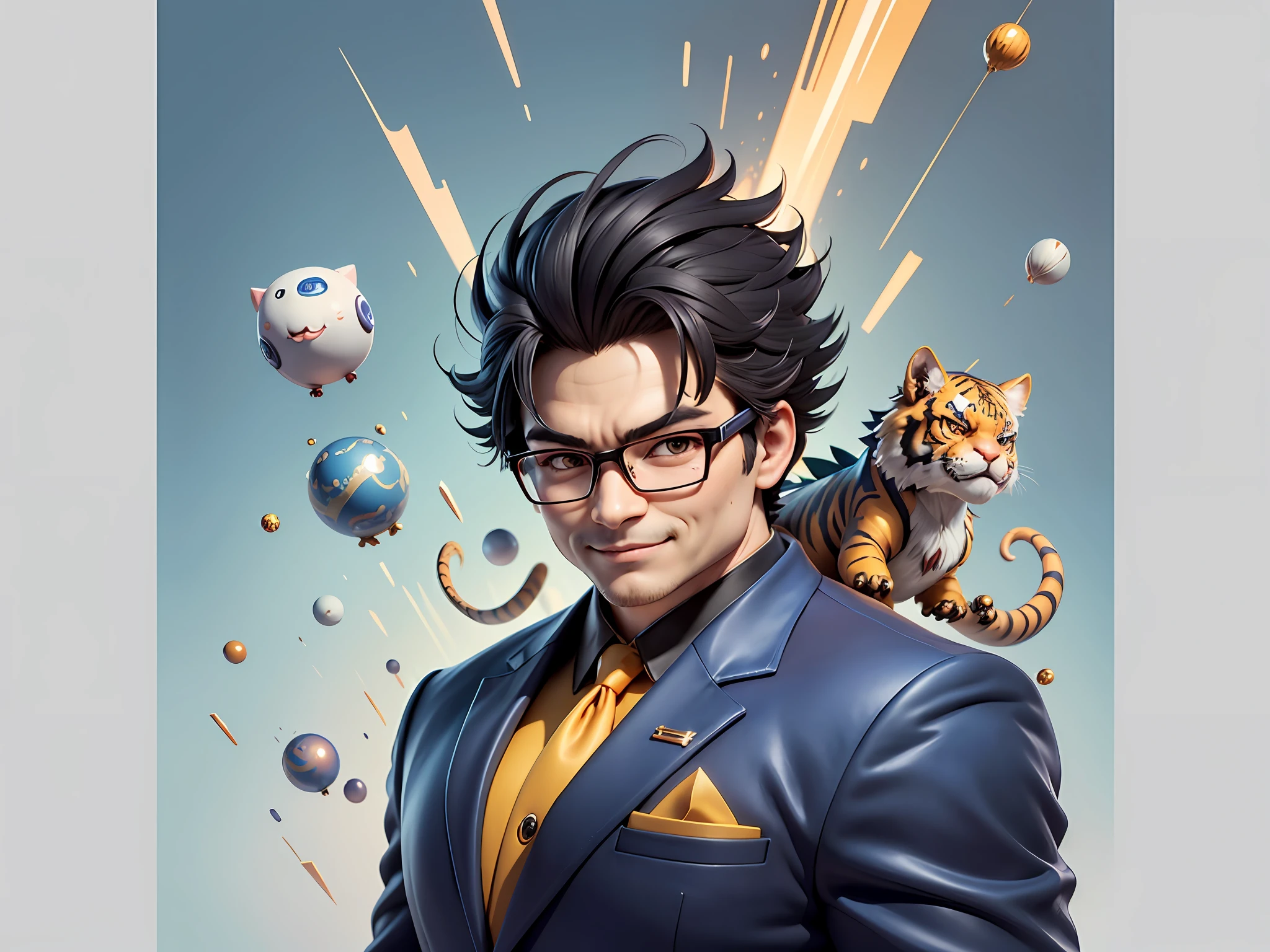 (Masterpiece), (Extreme Quality), (Super Meticulous), (Full Body: 1.2), Super Young Man, Chinese Dragon, Tiger, Wind God Thor, Sexy, Bursting, Oriental Face, TV Anchor, Bust Portrait Illustration, Black Formal Suit, Blue Tie, Slightly Chubby Face, Silver Glasses, Very Clean Face, No Beard on Chin, Black Super Short Hair, Black Eyes, Confident Smile, 3c Computer Sub-Products, iPad, iPhone, Digital Painting, 3D Character Design by Mark Claireden and Pixar and Hayao Miyazaki and Akira Toriyama, The illustration is a high-definition illustration in 4K resolution with very detailed facial features and cartoon-style visuals.